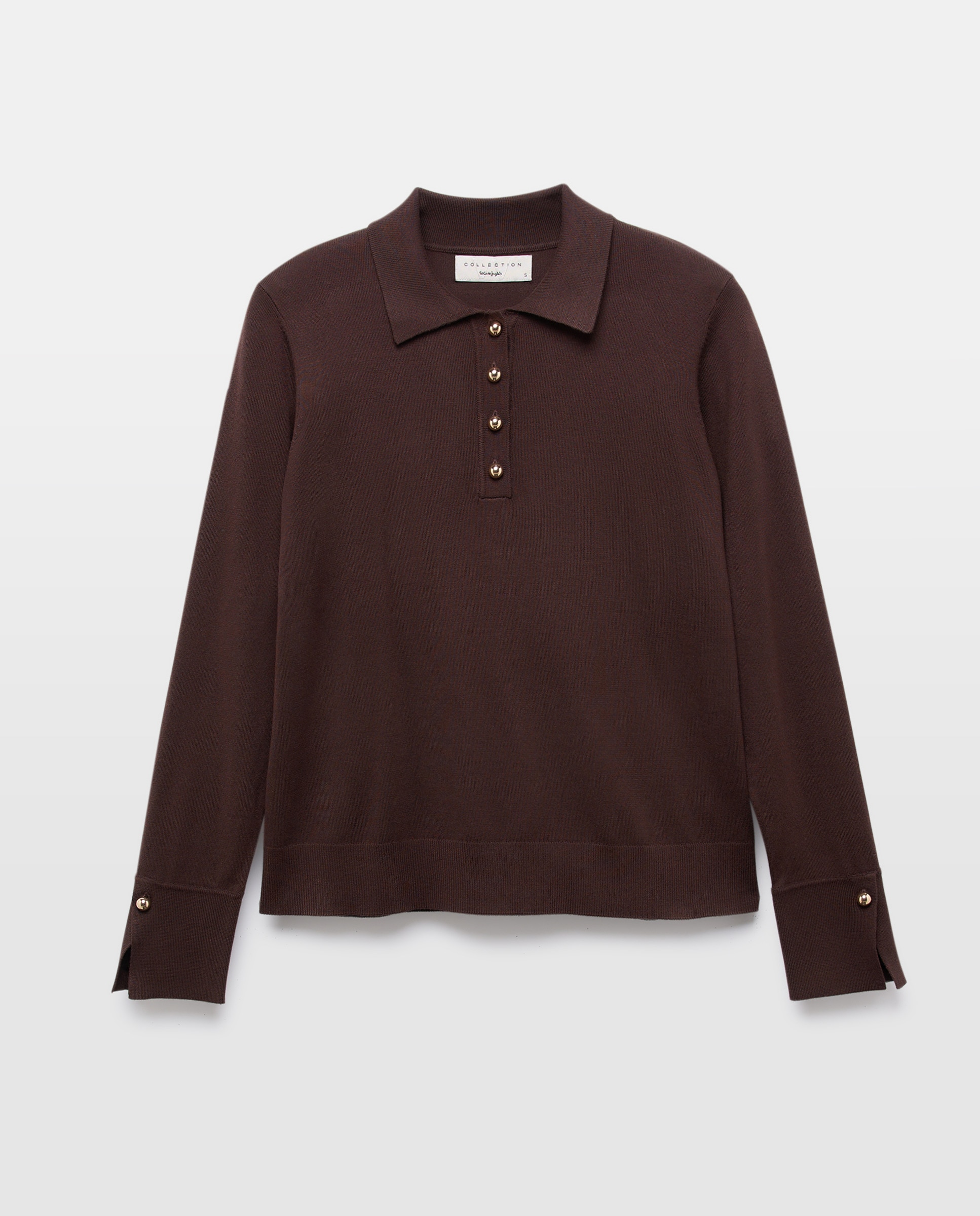 Camisola de Malha com Colarinho de Polo e Botões Grandes Castanho-5