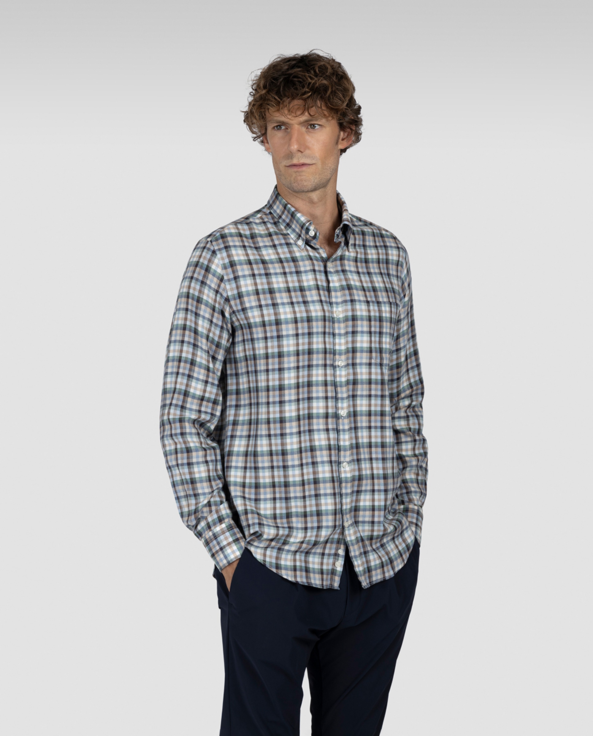 Camisa aos Quadrados com Manga Comprida - Multicolor Castanho-1