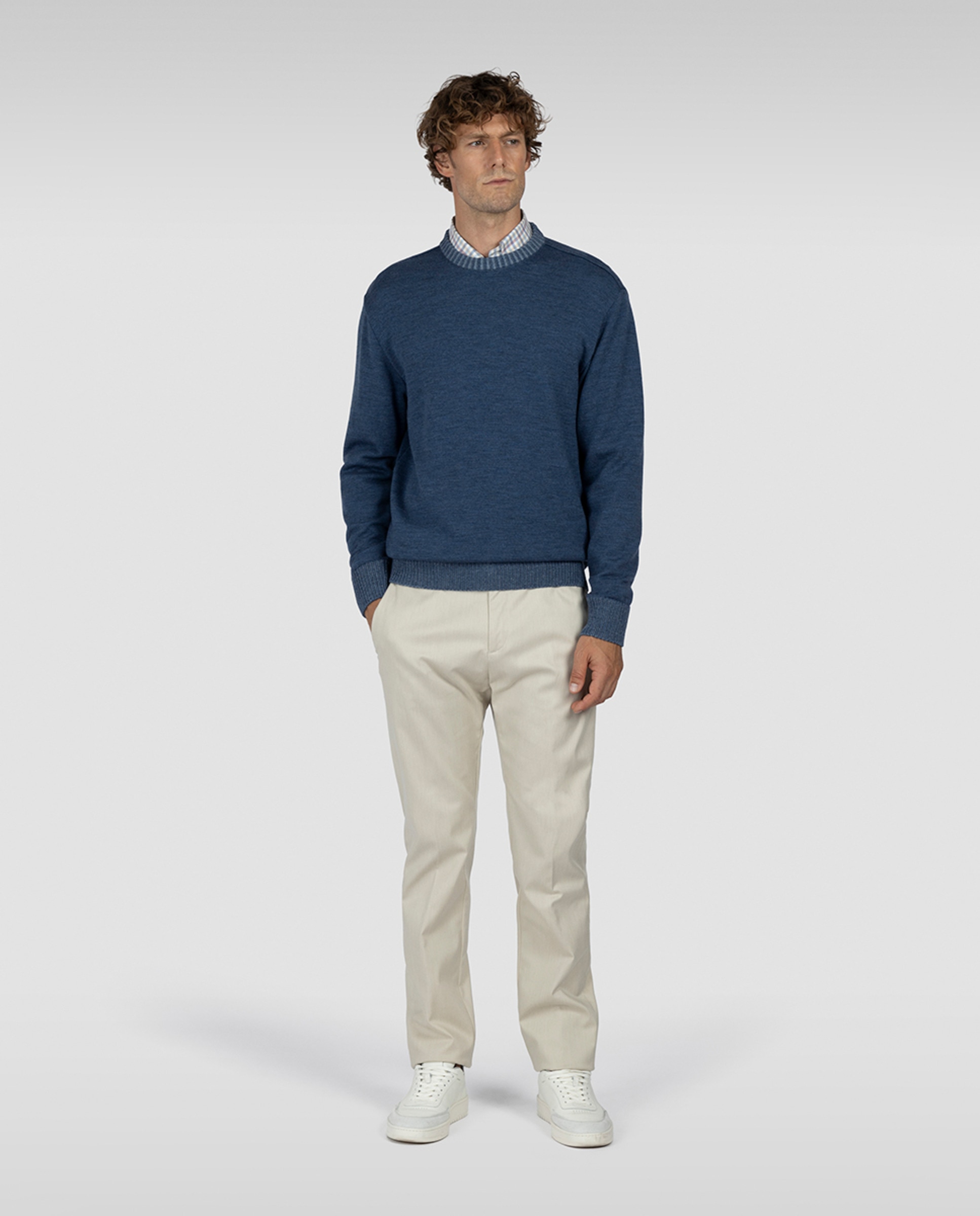 Camisola de Malha com Gola Redonda e Debruado Azul-6
