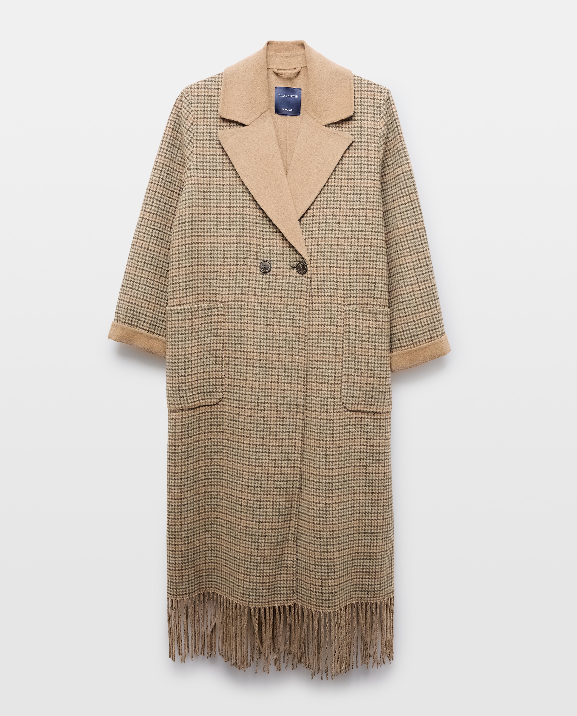 Sobretudo Comprido aos Quadrados e com Franjas 730 Camel-5