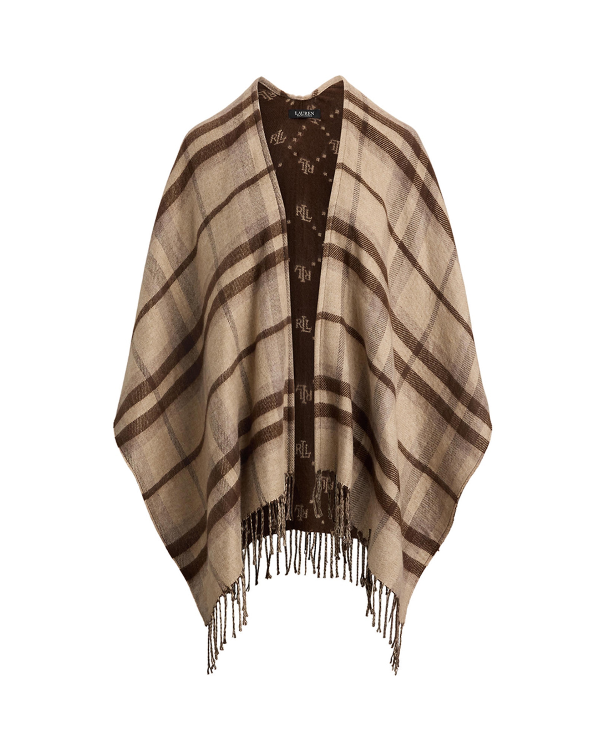 Poncho aos quadrados de mulher com franjas Bege-6