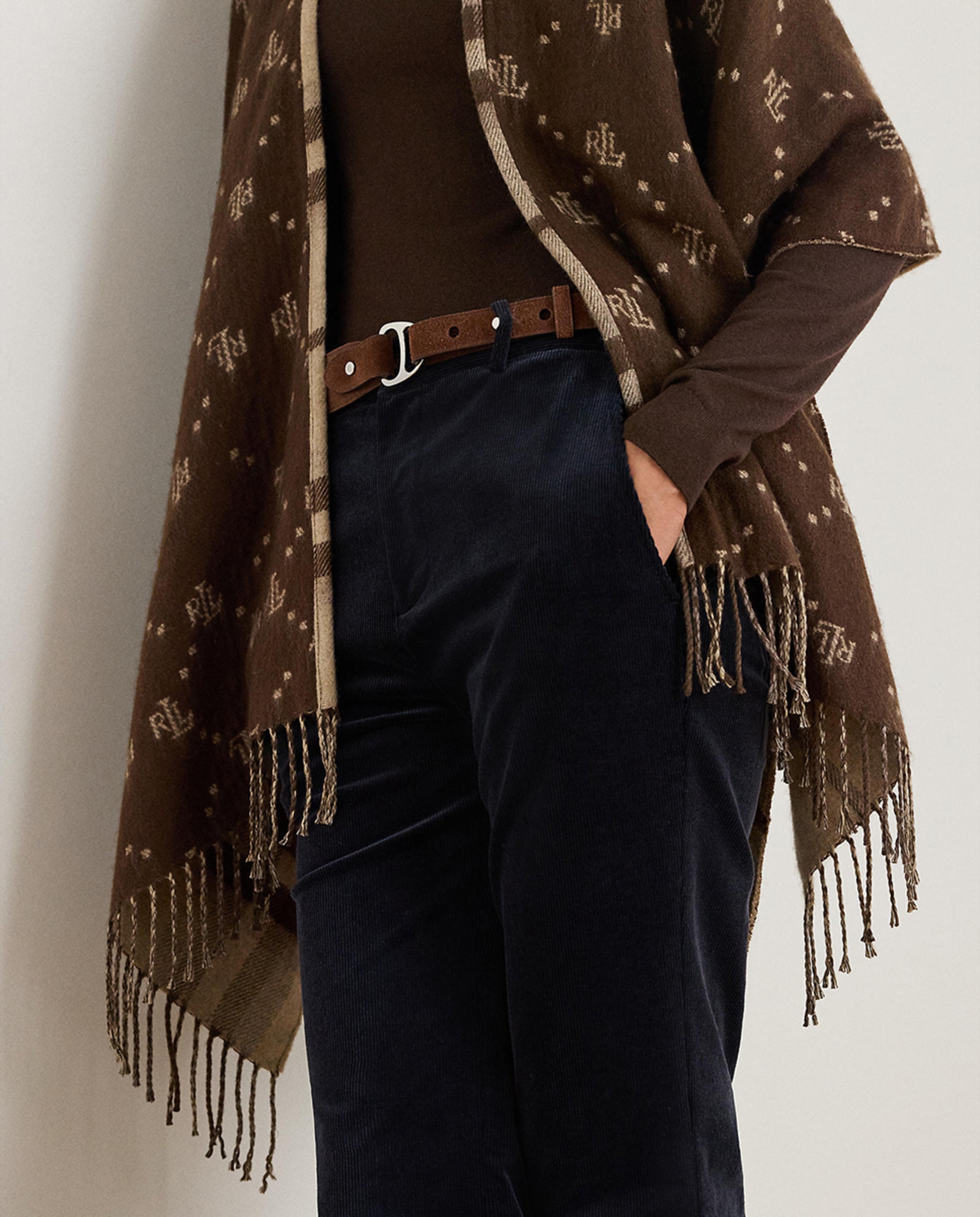 Poncho aos quadrados de mulher com franjas Bege-4