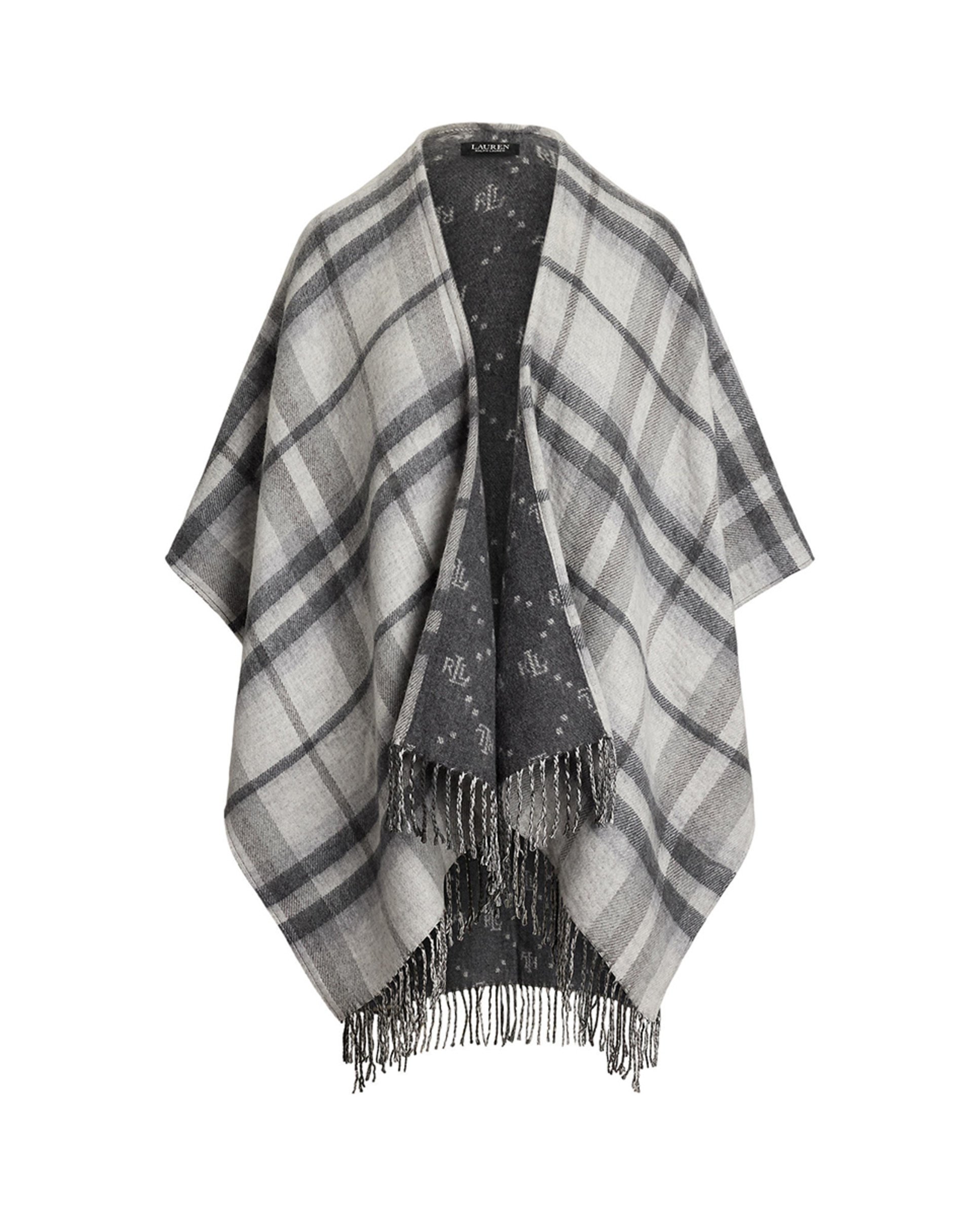 Poncho aos quadrados de mulher com franjas Cinzento-6