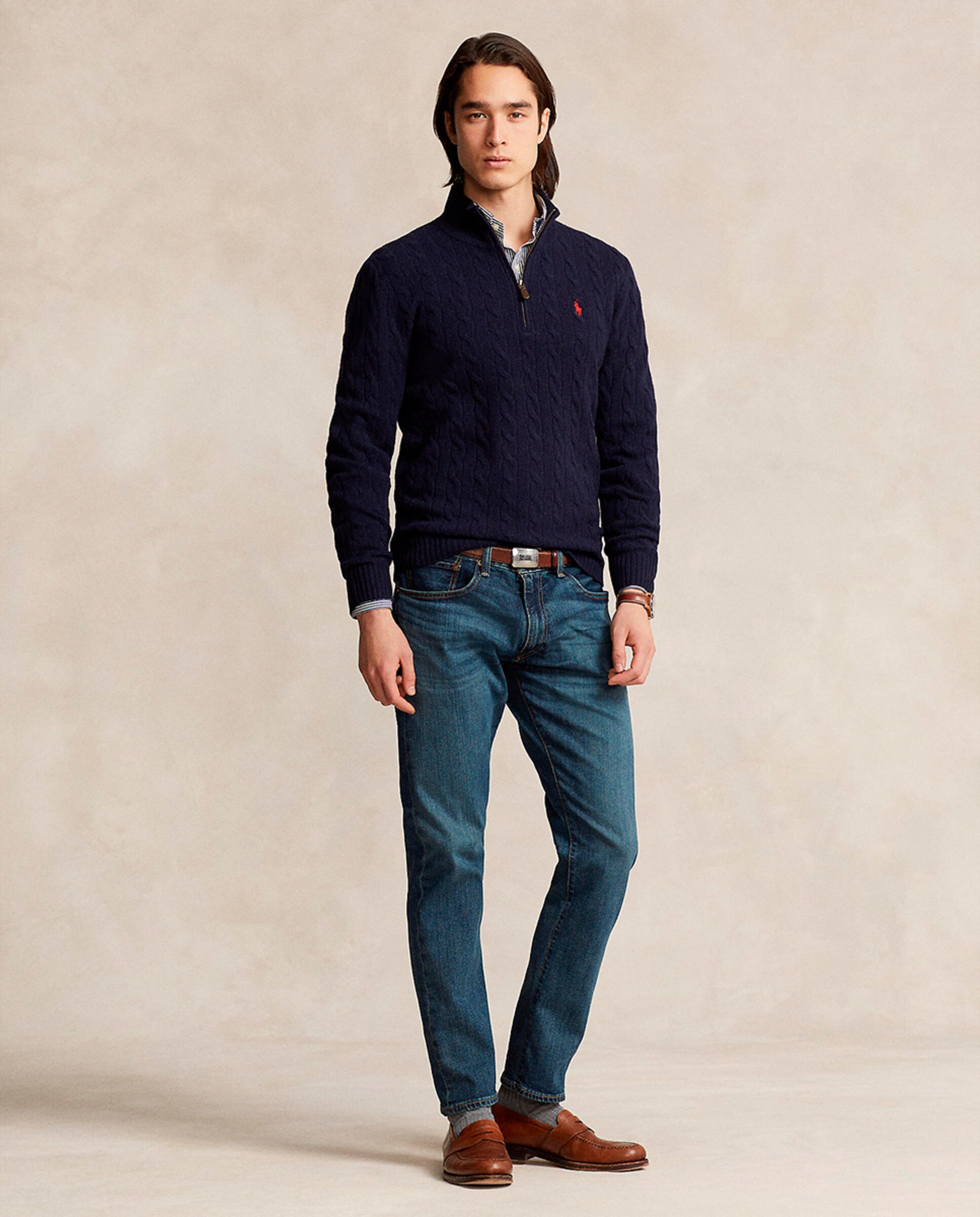Camisola de Malha do Cabo com Meio Fecho de Correr para Homem Azul Melange-6