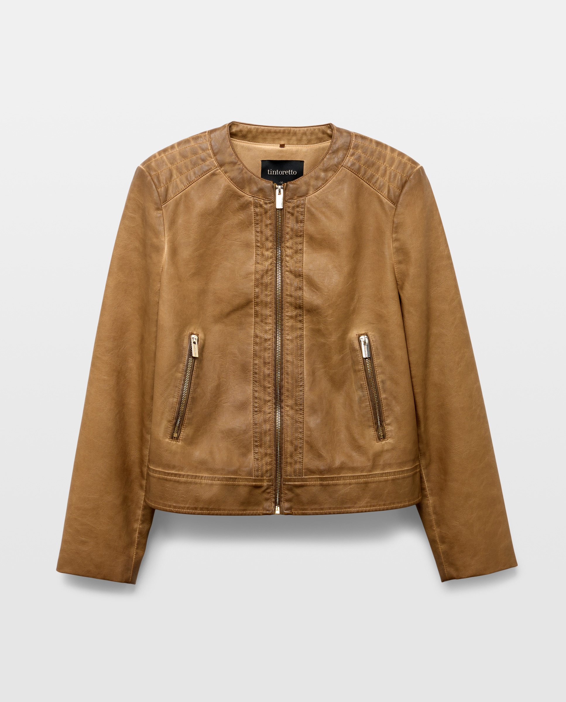 Blusão Biker Envelhecido com Efeito de Pele e Decote Redondo 730 Camel-5
