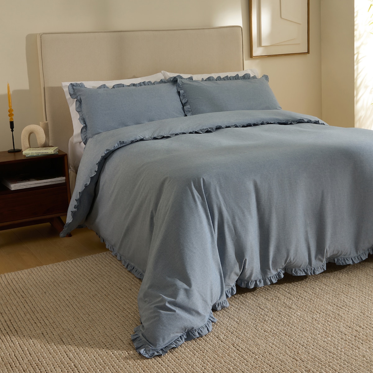 Conjunto de Capa de Edredão de Algodão Mélange Azul-1