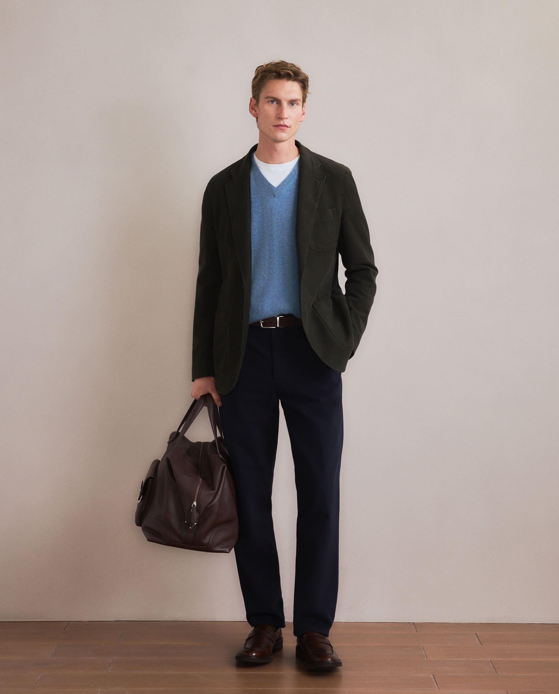 Camisola de Malha com Decote em Bico Liso de Caxemira Azul-2