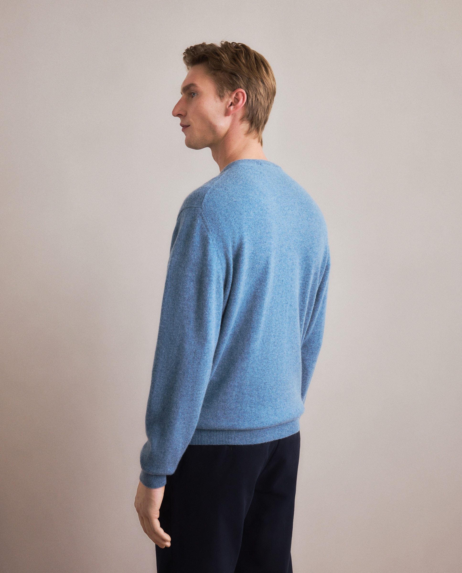 Camisola de Malha com Decote em Bico Liso de Caxemira Azul-4