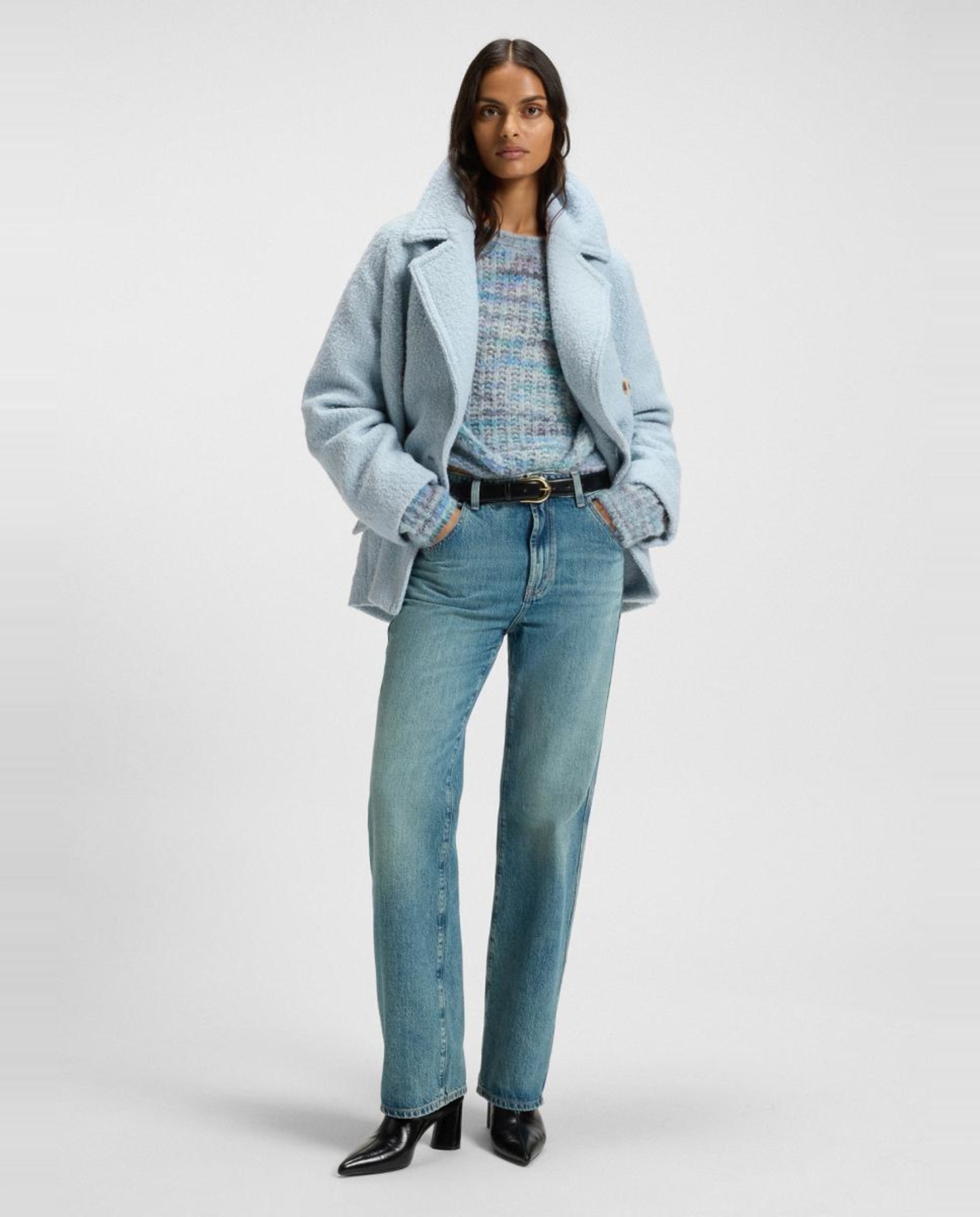 Sobretudo Curto de Poliéster e Lã Azul-claro-5