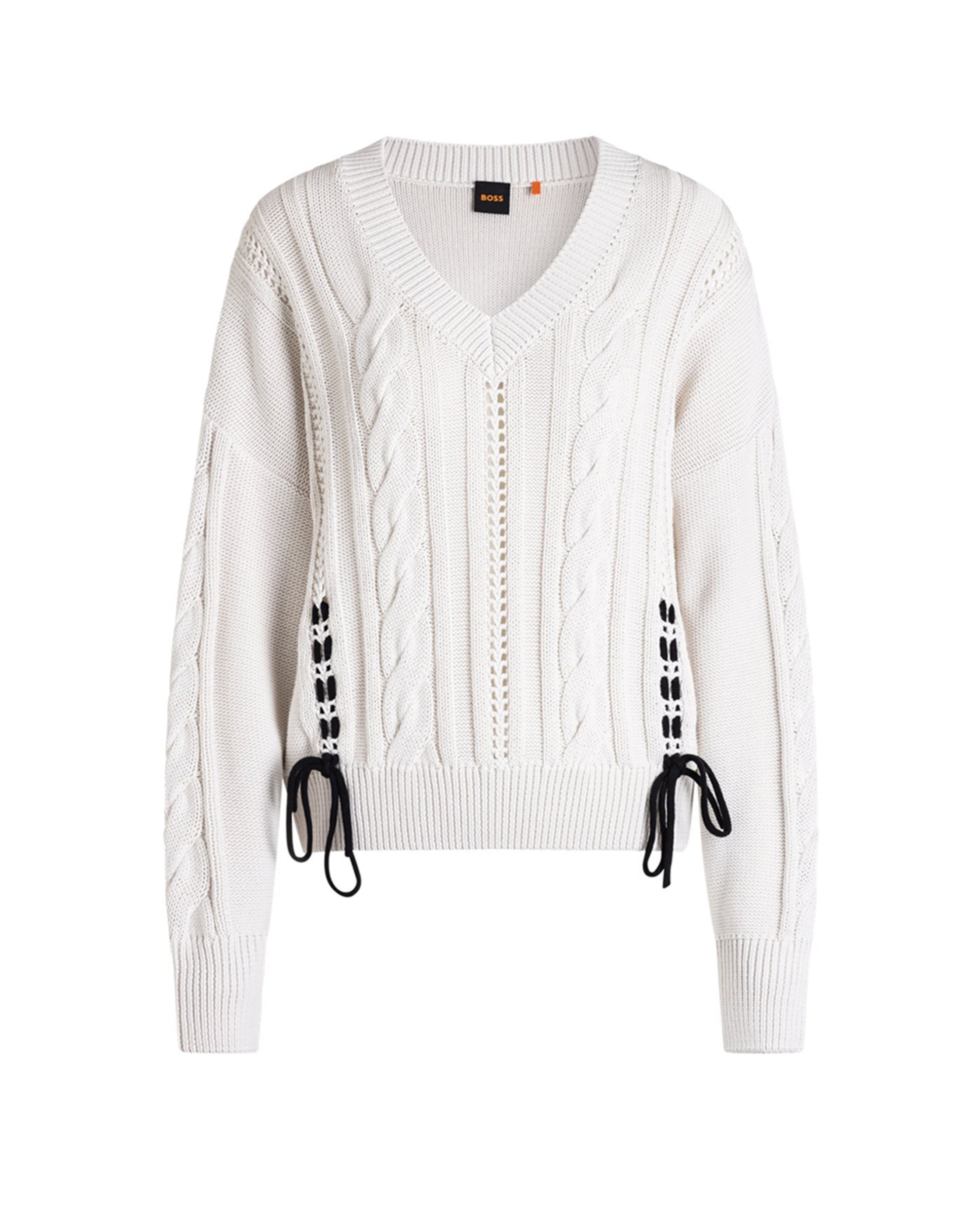 Camisola de Malha Entrançada com Decote em Bico e Manga Comprida Cru-1