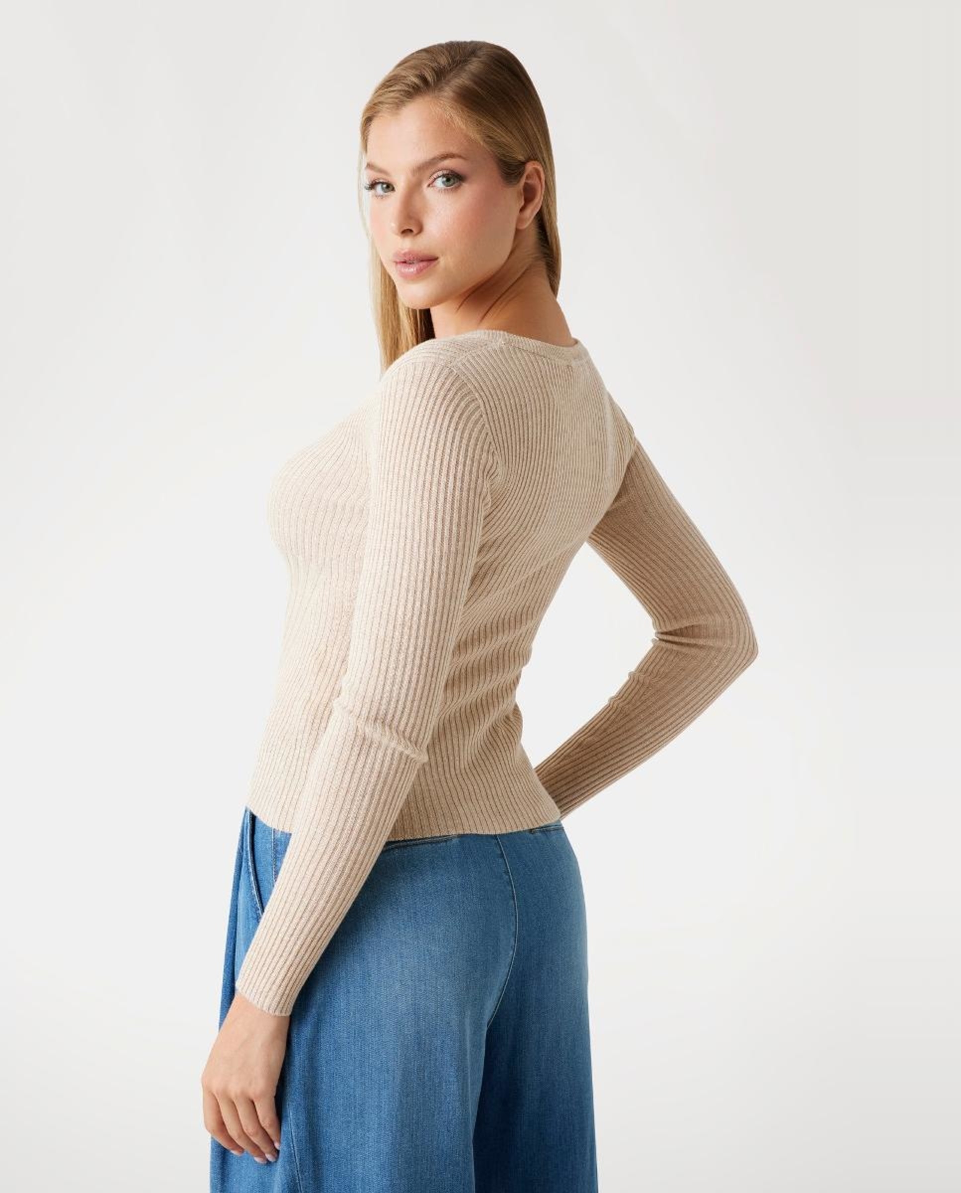 Cardigan de Manga Comprida Bege-4