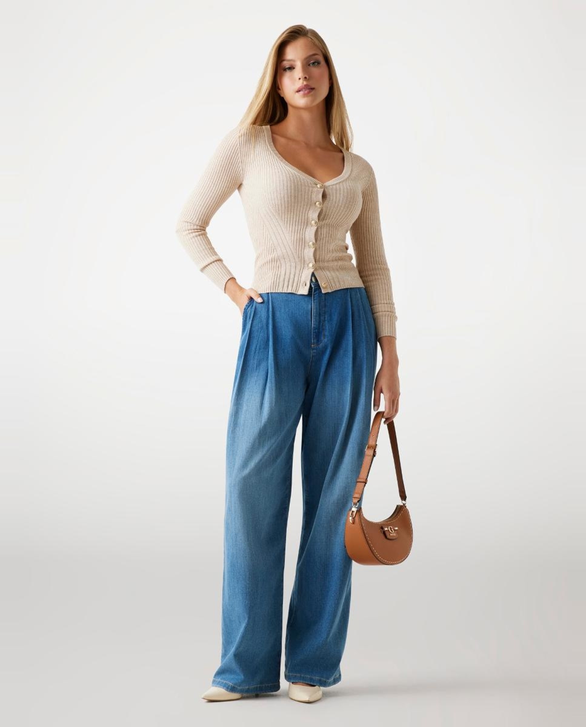 Cardigan de Manga Comprida Bege-2