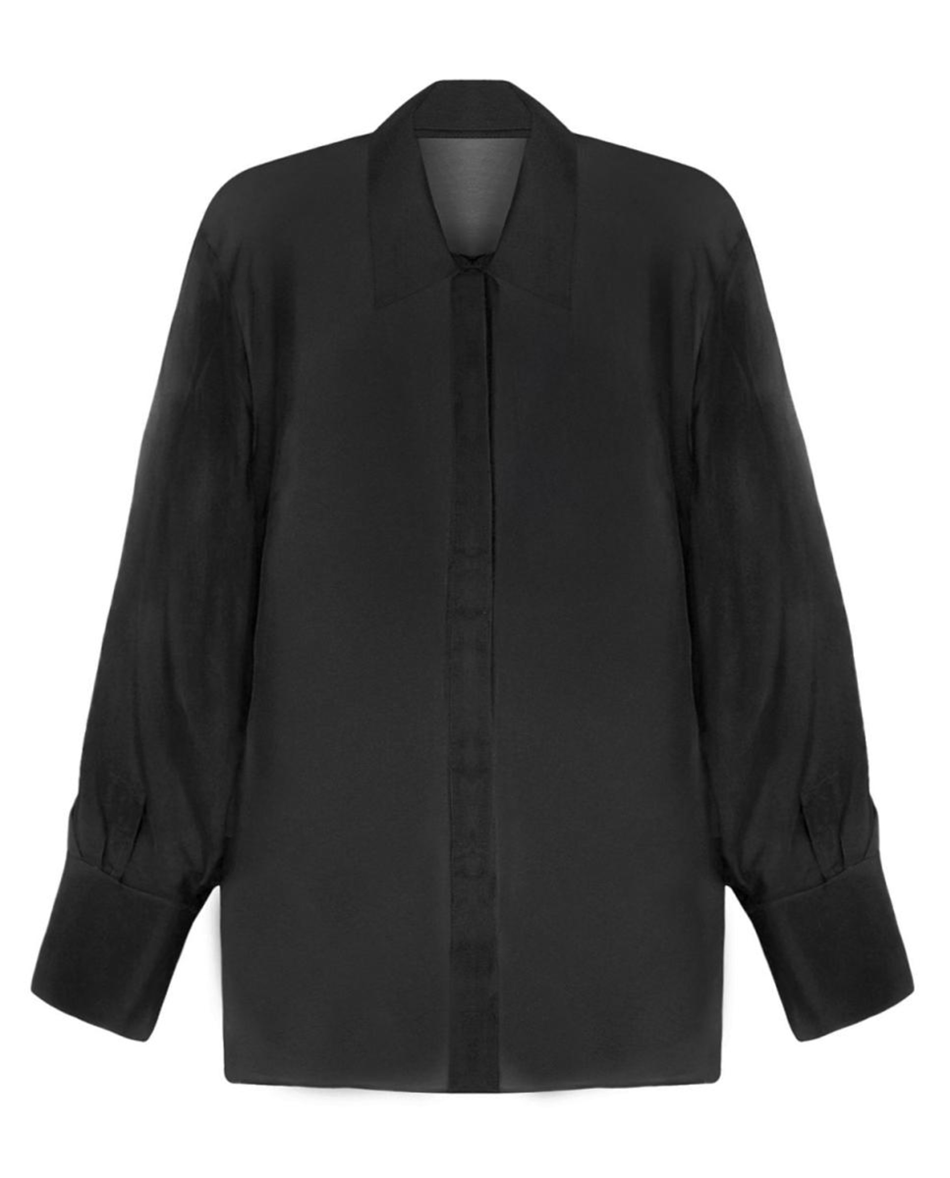 Camisa em Chiffon de Seda com Abotoadura Escondida Transparente. Preto-5