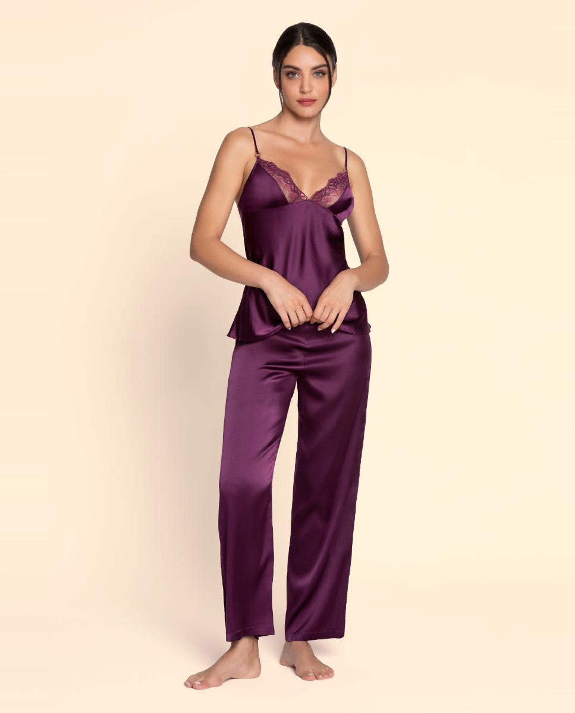 Calças de Seda com Elástico Beringela-3