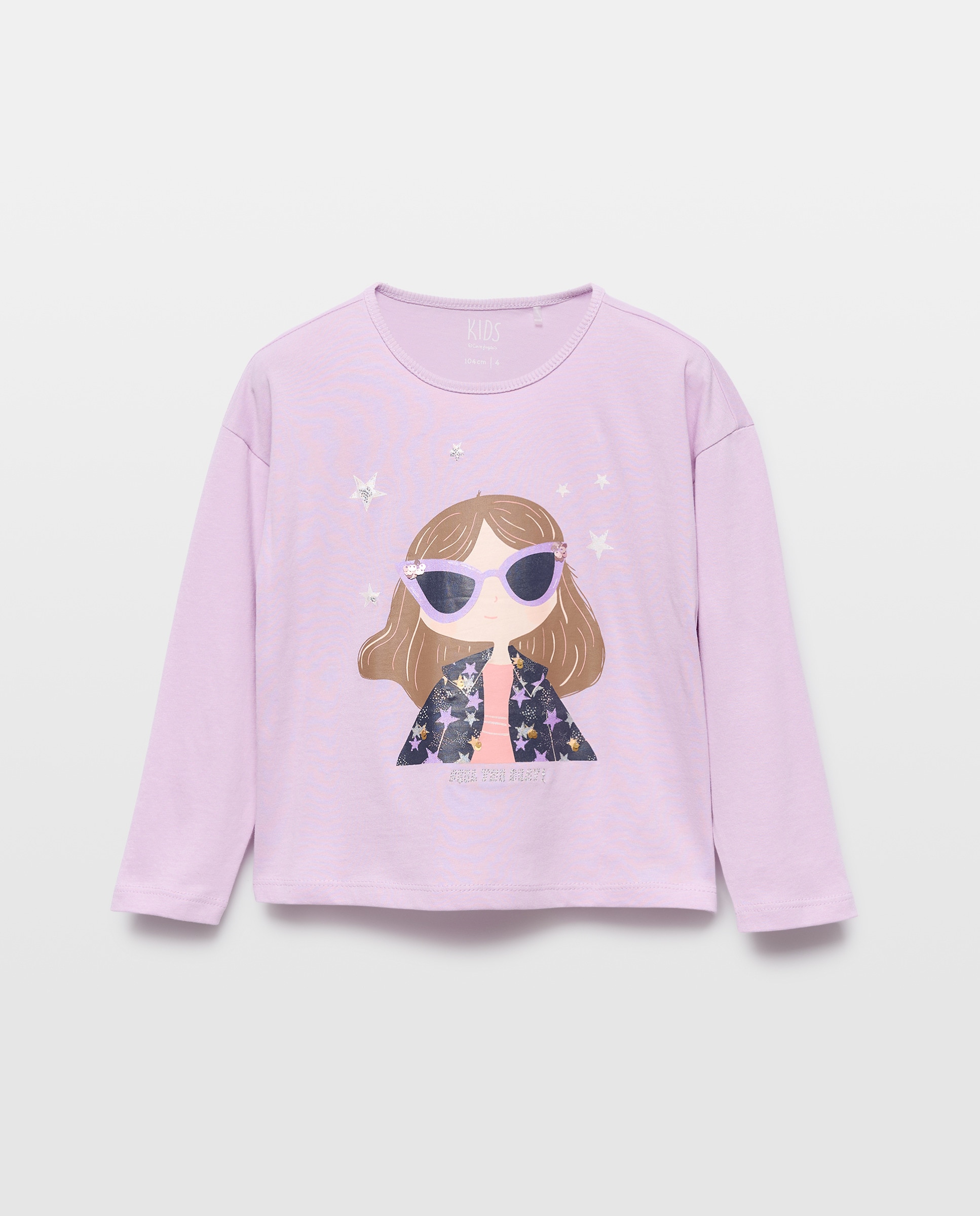 Camisola de Manga Comprida com Estampado Posicional Plano de Boneca "Pop Star" com Fio Metalizado e Lantejoulas Kids El Corte Inglés 282 Malva-4