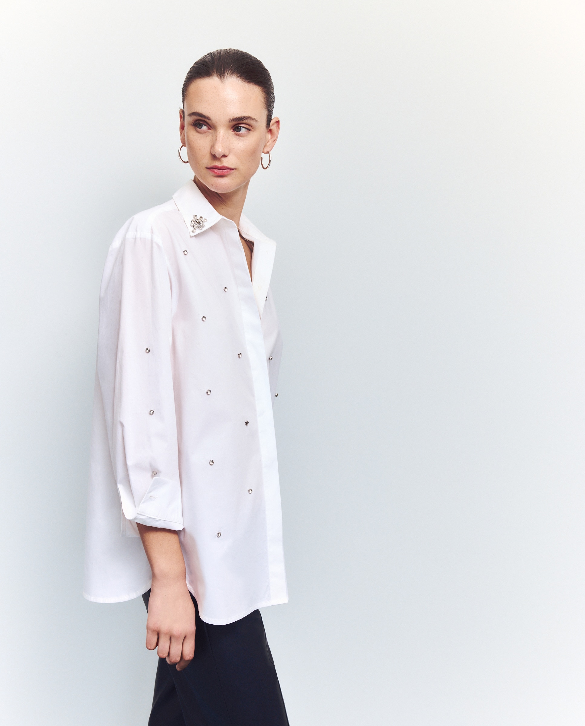 Camisa Lisa com Manga Comprida Branco-1