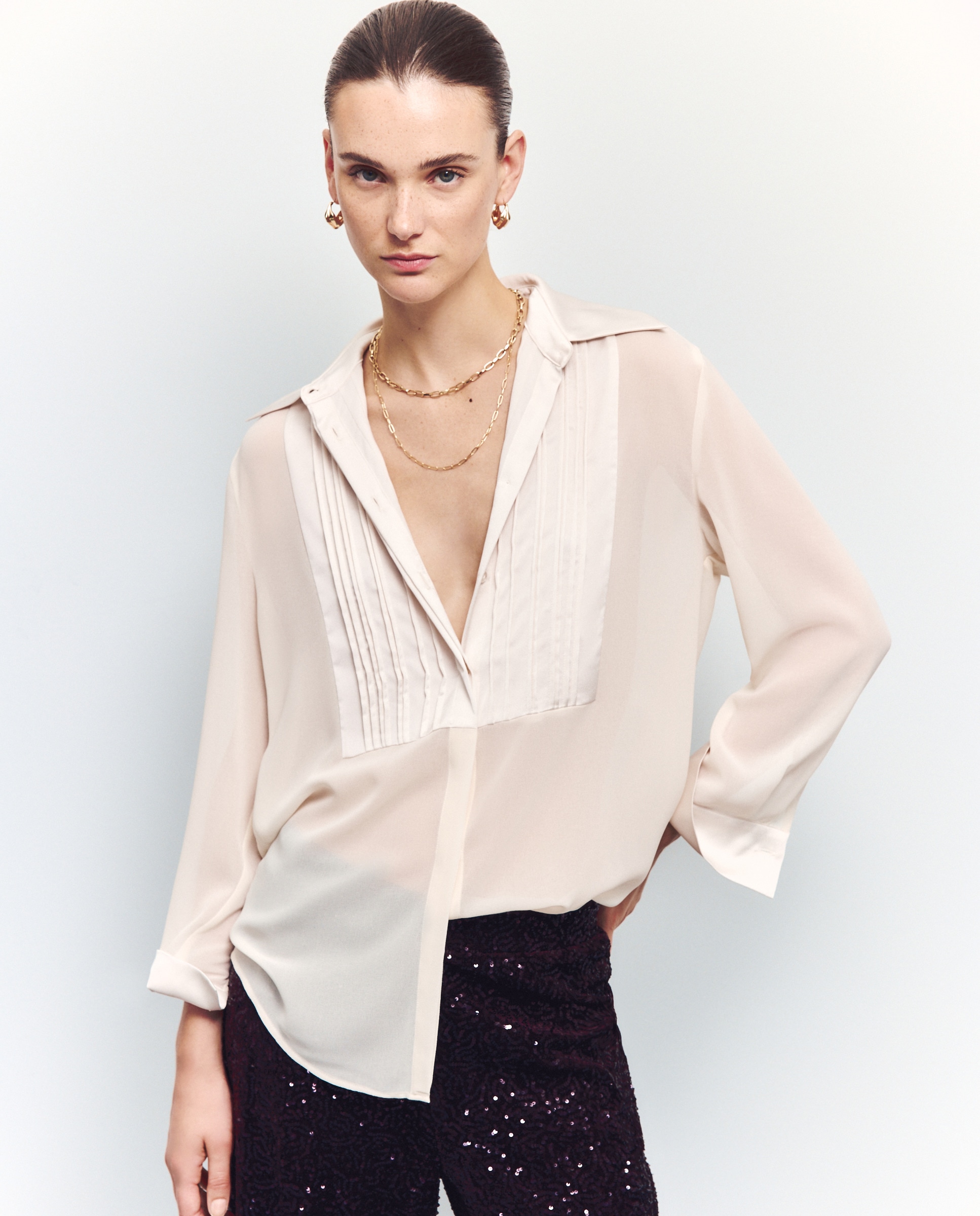 Blusa de Manga Comprida Acetinada com Pregas 120 Cru-1