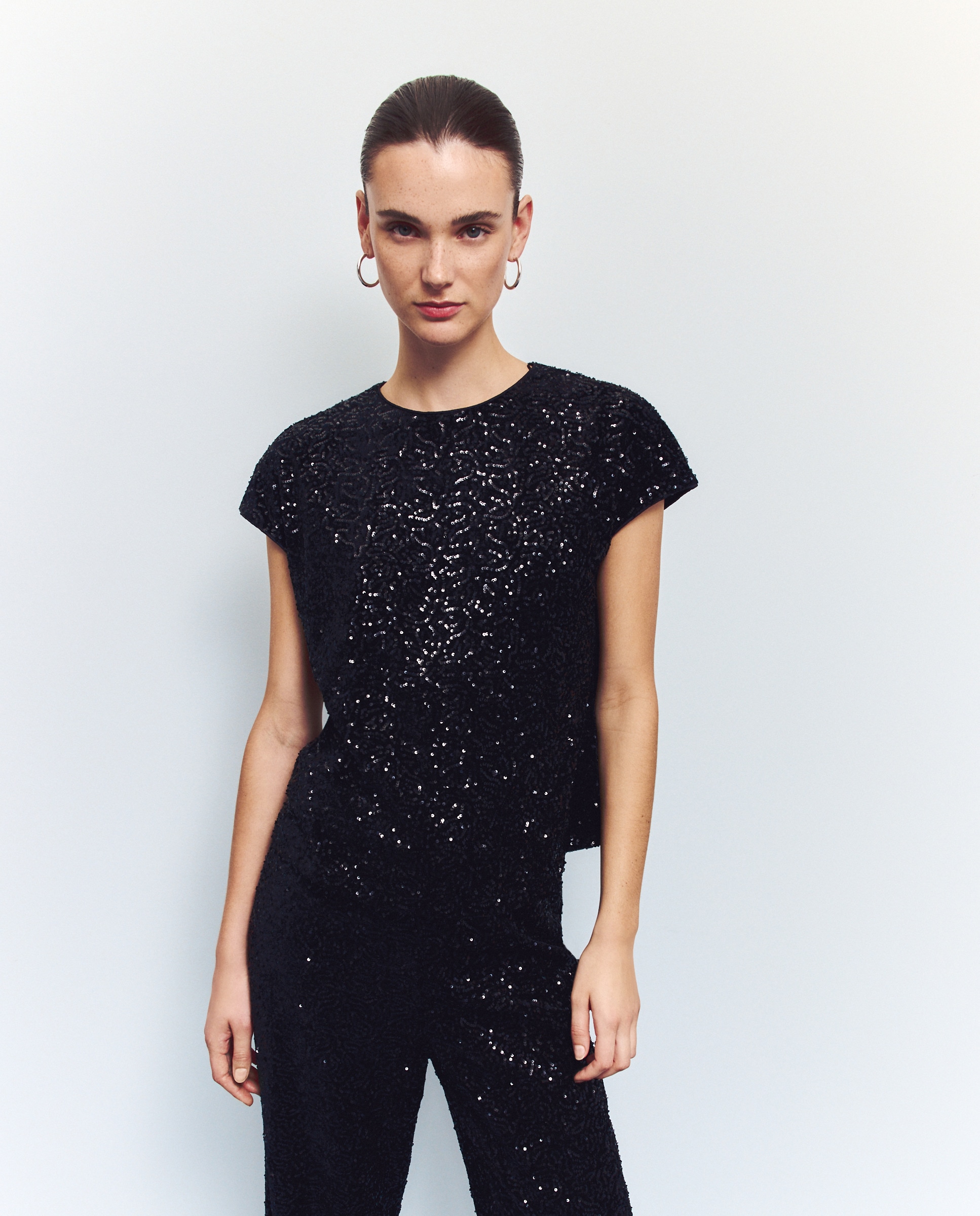 T-shirt de lantejoulas Preto-1