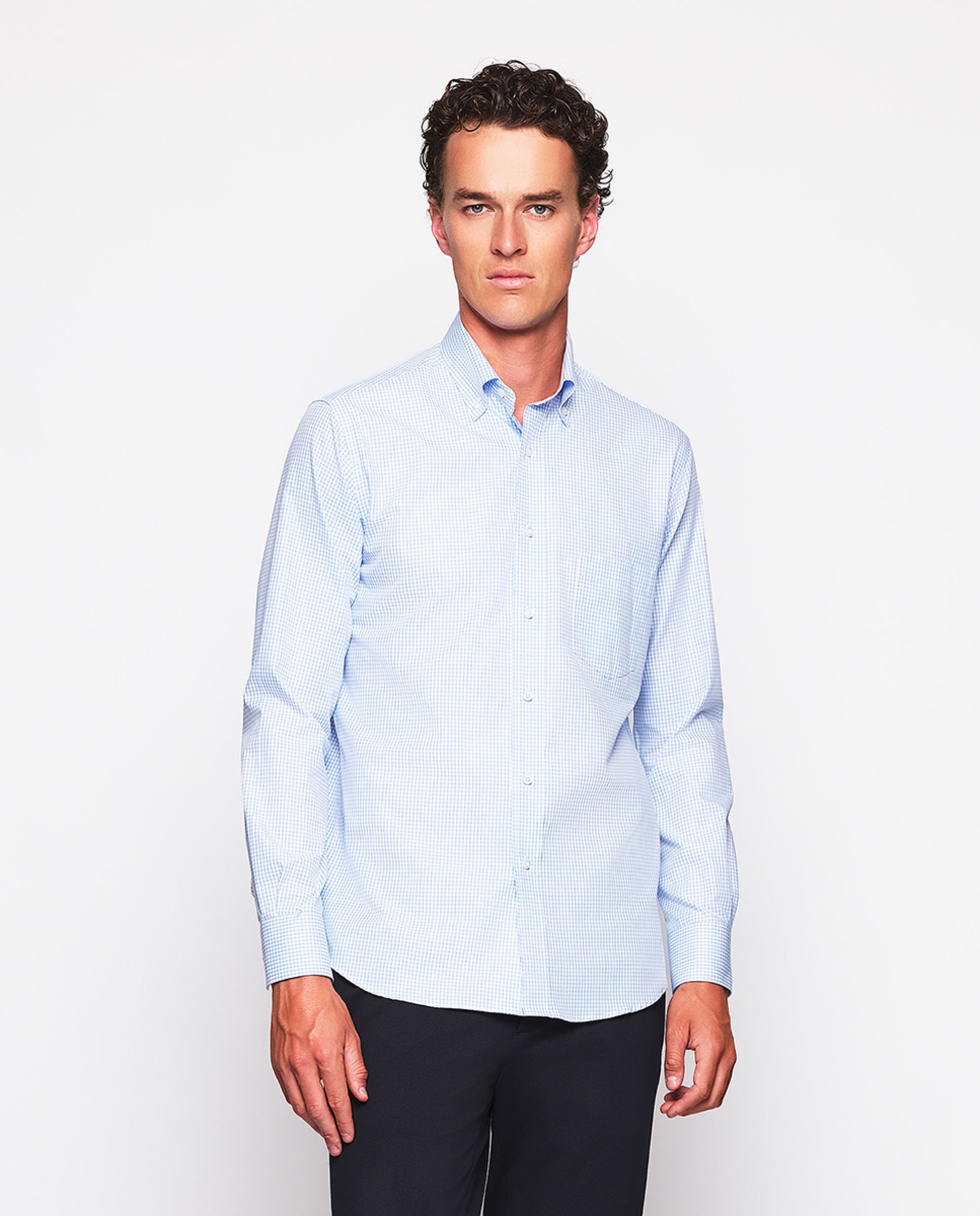 Camisa Clássica aos Quadrados com Colarinho com Botões Azul-claro-1