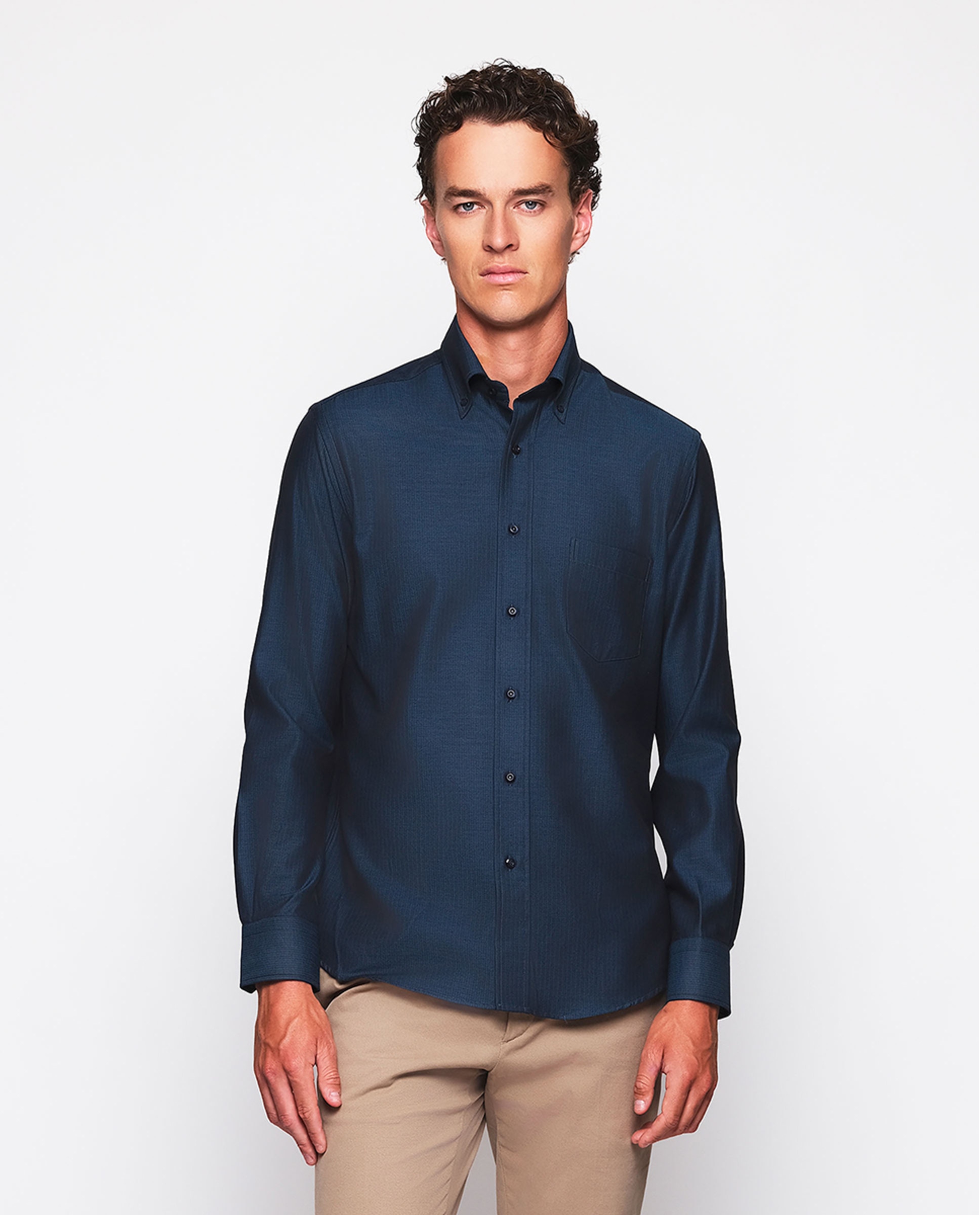 Camisa Casual Lisa com Manga Comprida Verde-escuro-1