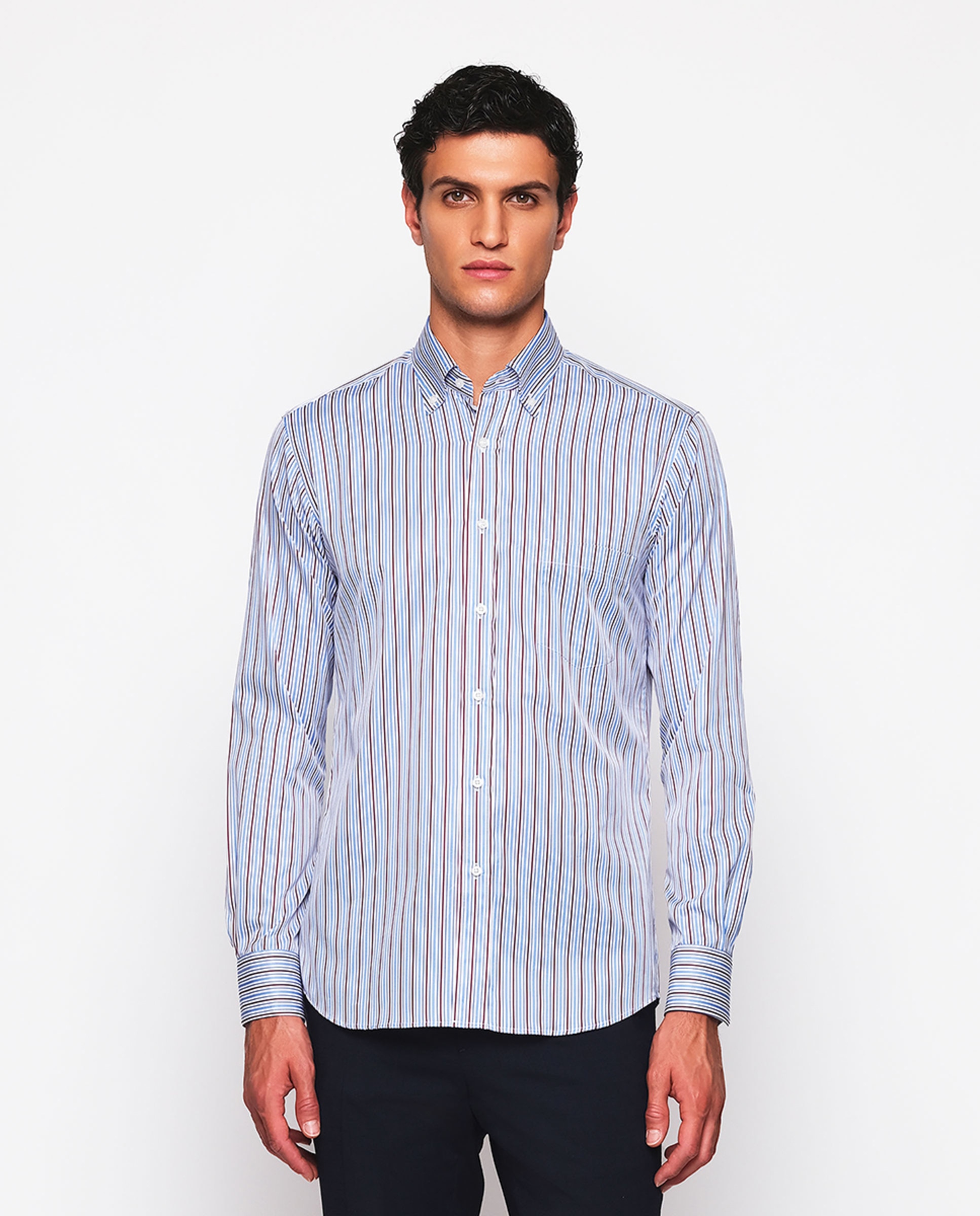 Camisa Casual às Riscas com Manga Comprida Azul-1