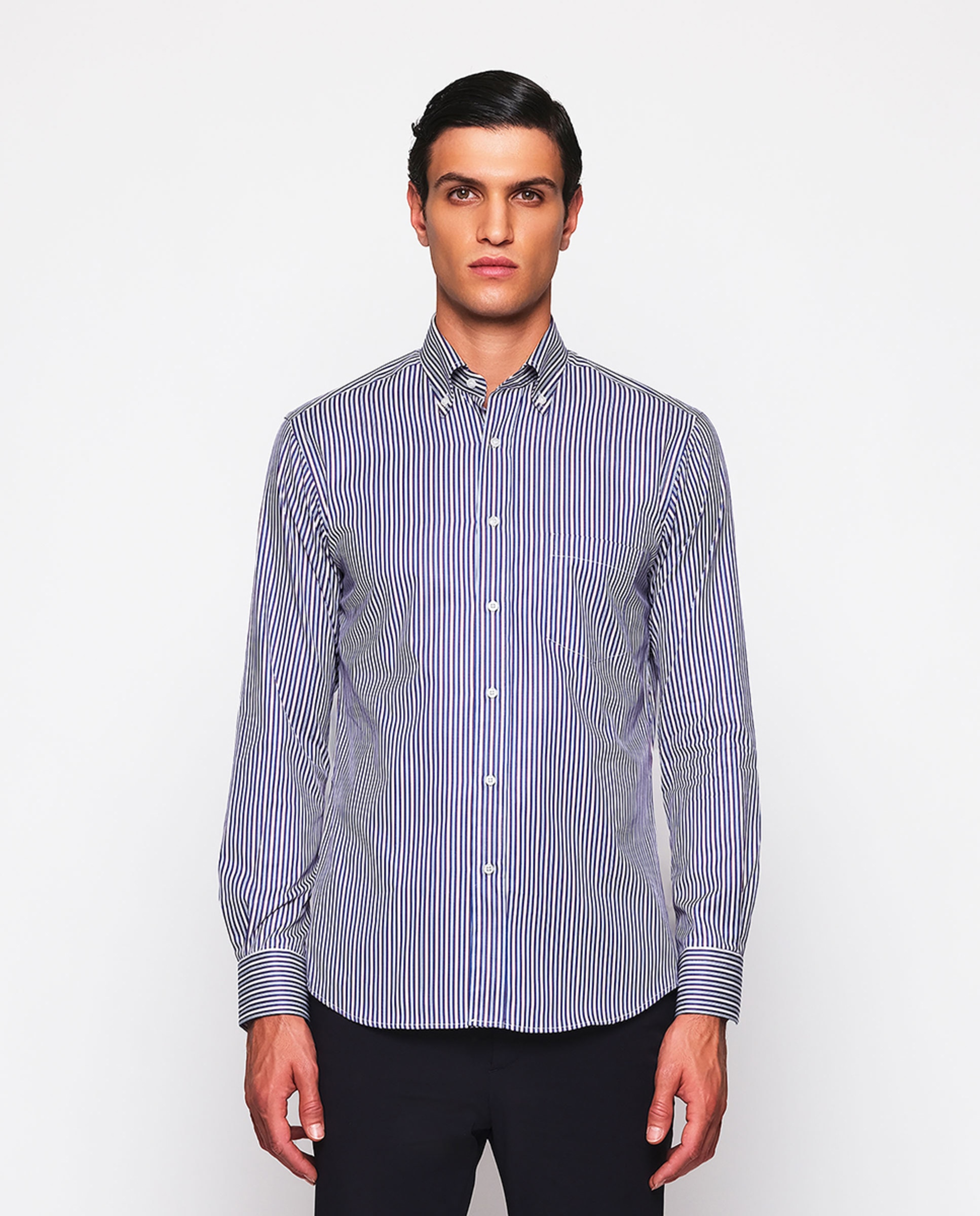 Camisa Casual às Riscas com Manga Comprida Azul-marinho-1