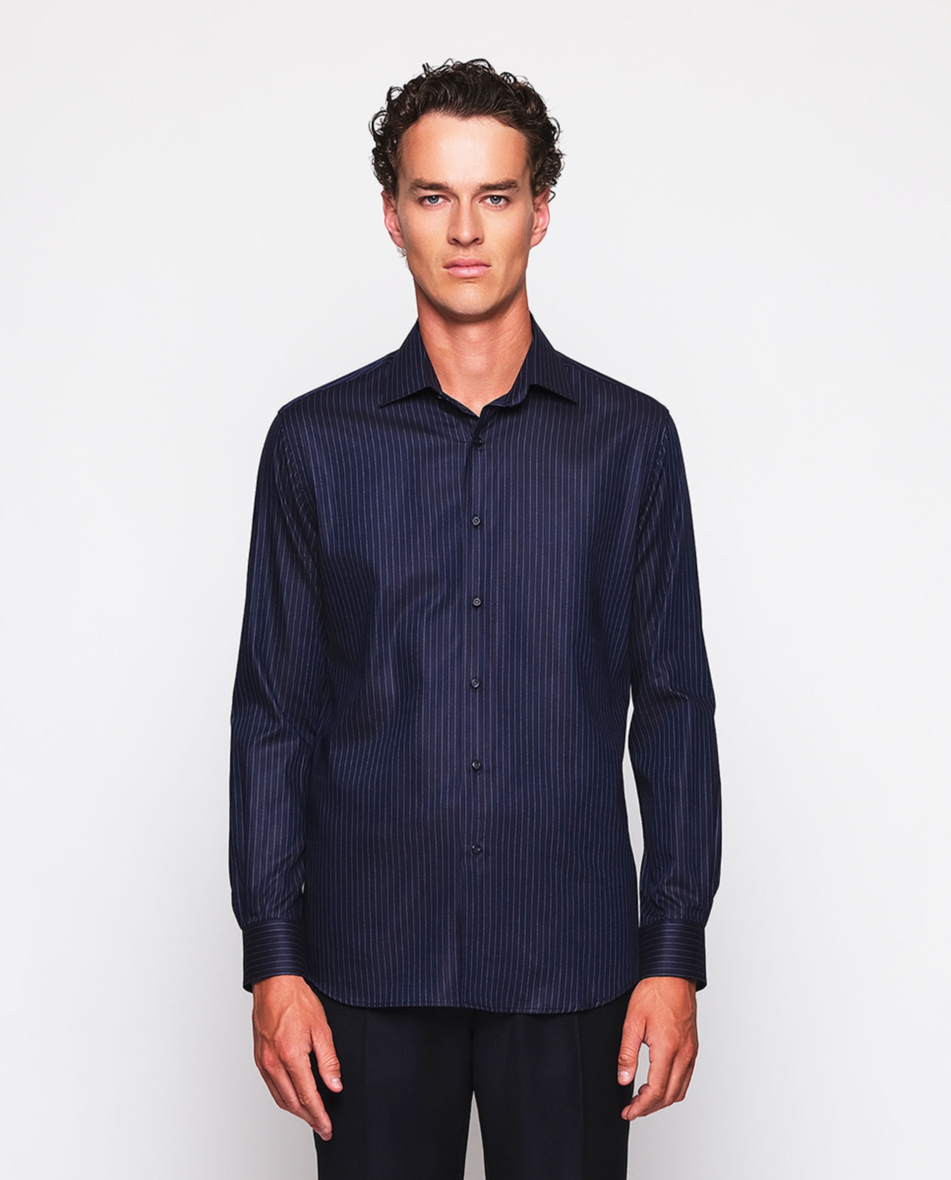 Camisa Casual às Riscas com Manga Comprida Azul-marinho-1