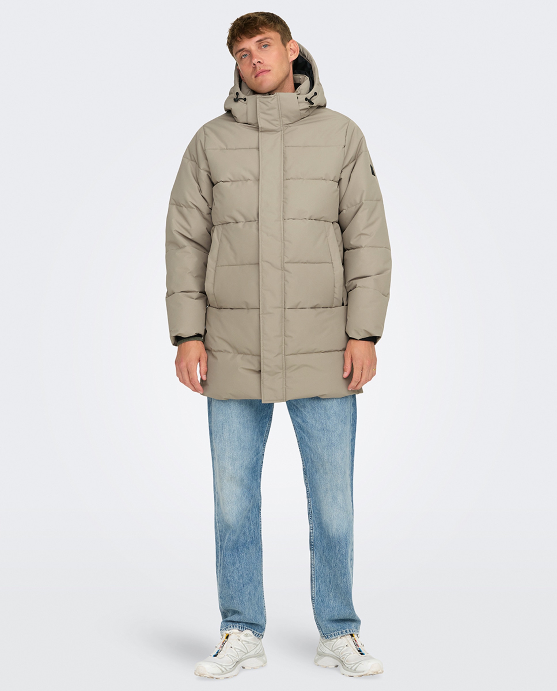Sobretudo Puffer Comprido com Capuz Bege-8
