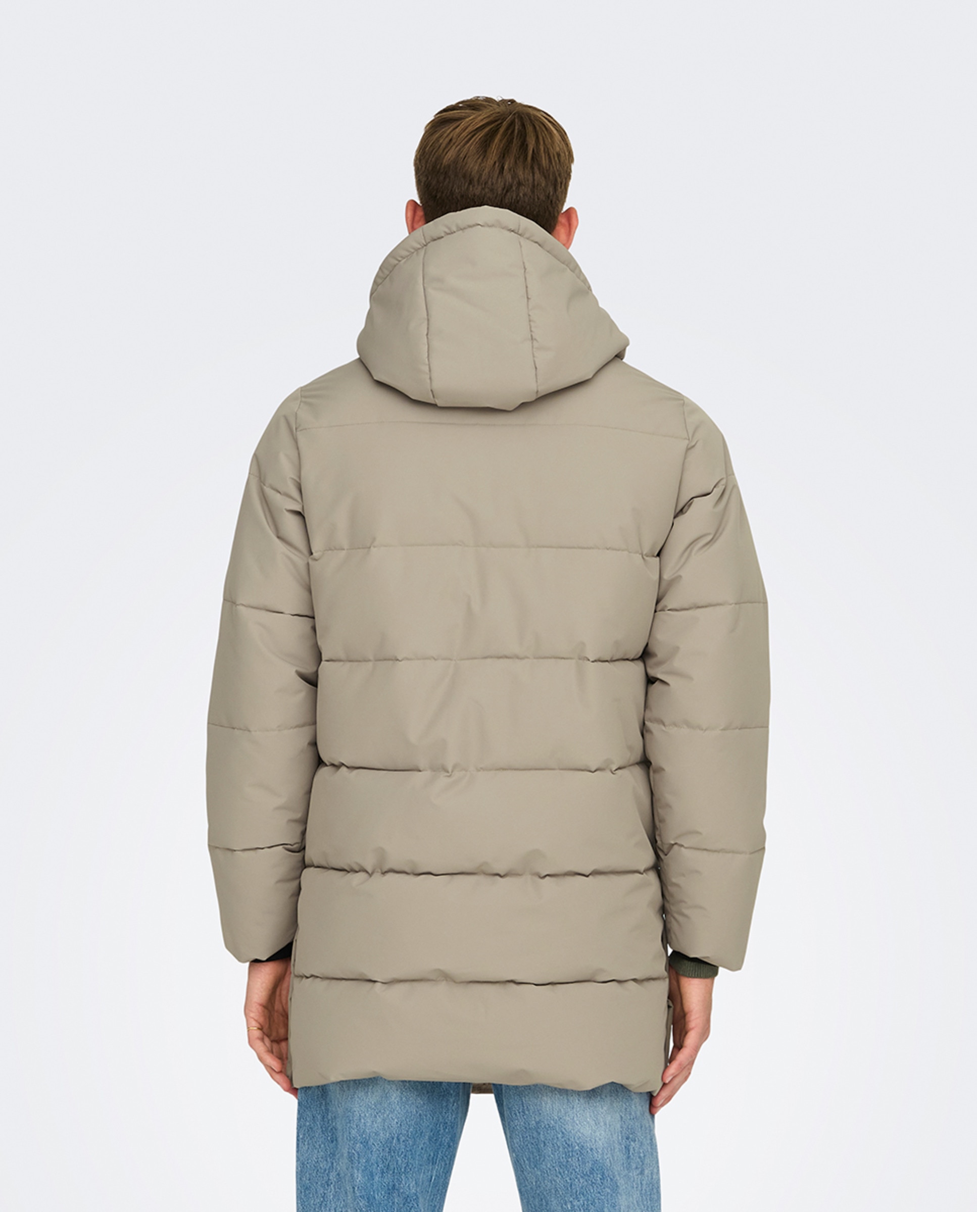 Sobretudo Puffer Comprido com Capuz Bege-2
