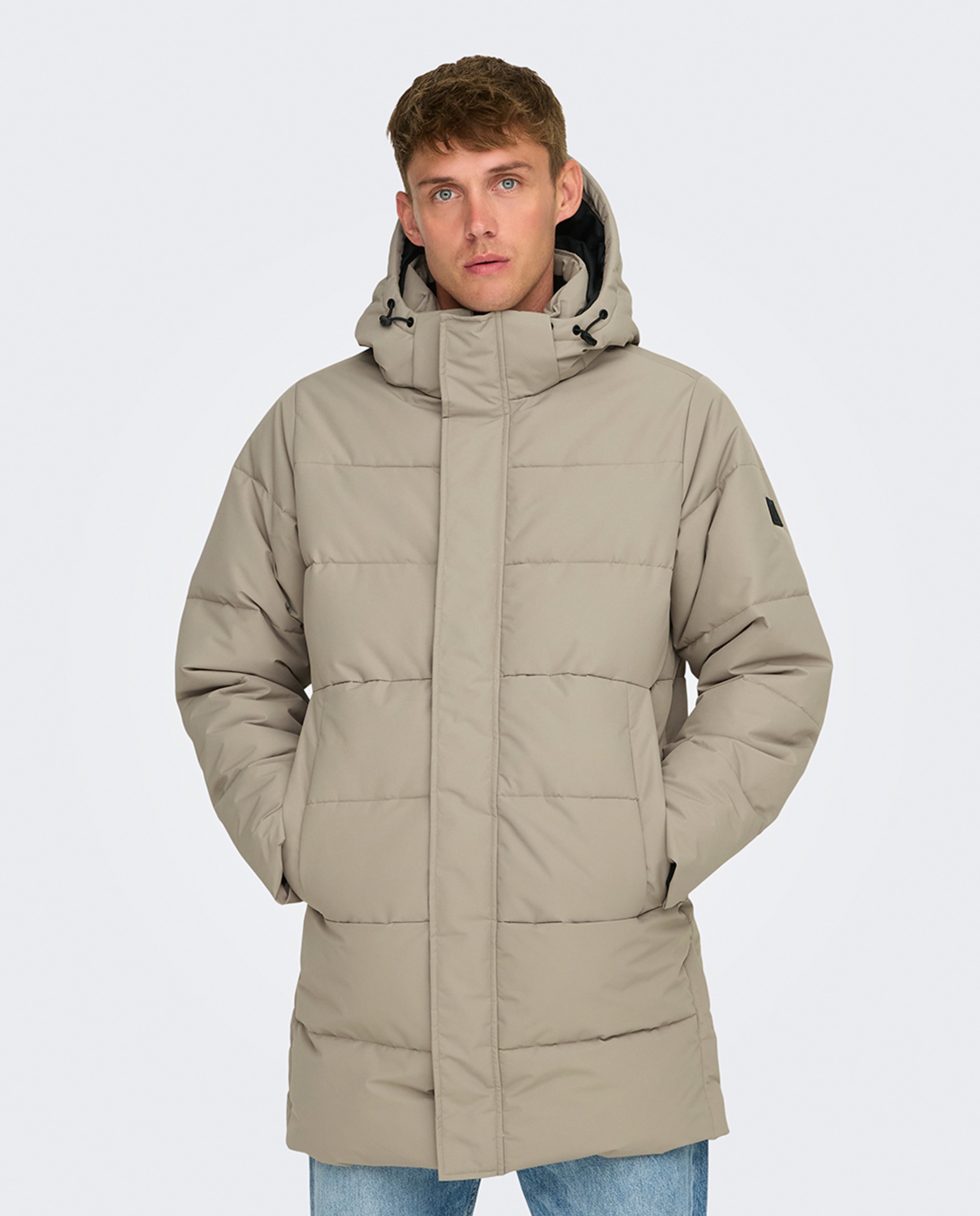Sobretudo Puffer Comprido com Capuz Bege-1
