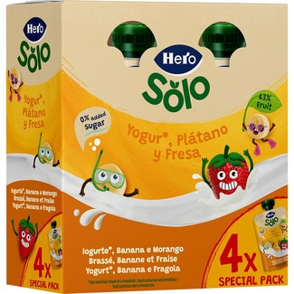 bolsita de yogur con plátano y fresa sin gluten desde 12 meses pack 4 100 g 0% azúcar añadido - Hero Solo