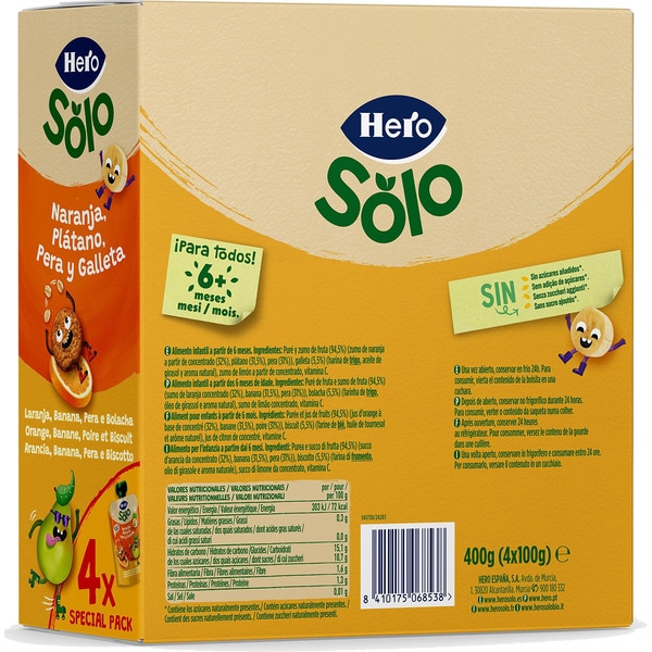 orange banana, pear and biscuit pouches for 12+ months 4-pack units 100 g no added sugar