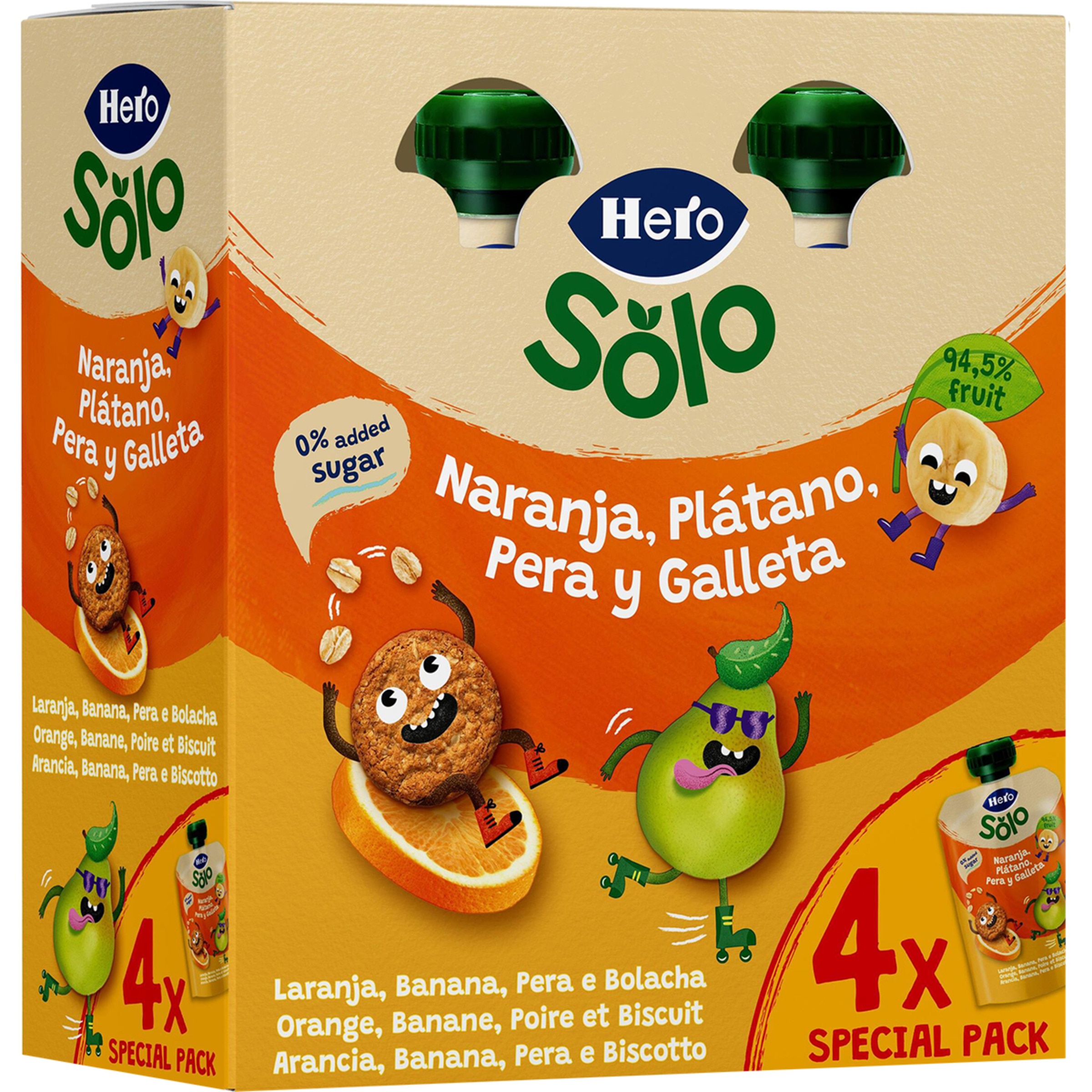 bolsitas de naranja plátano, pera y galleta desde 12 meses pack 4 unidades 100 g 0% azúcar añadido