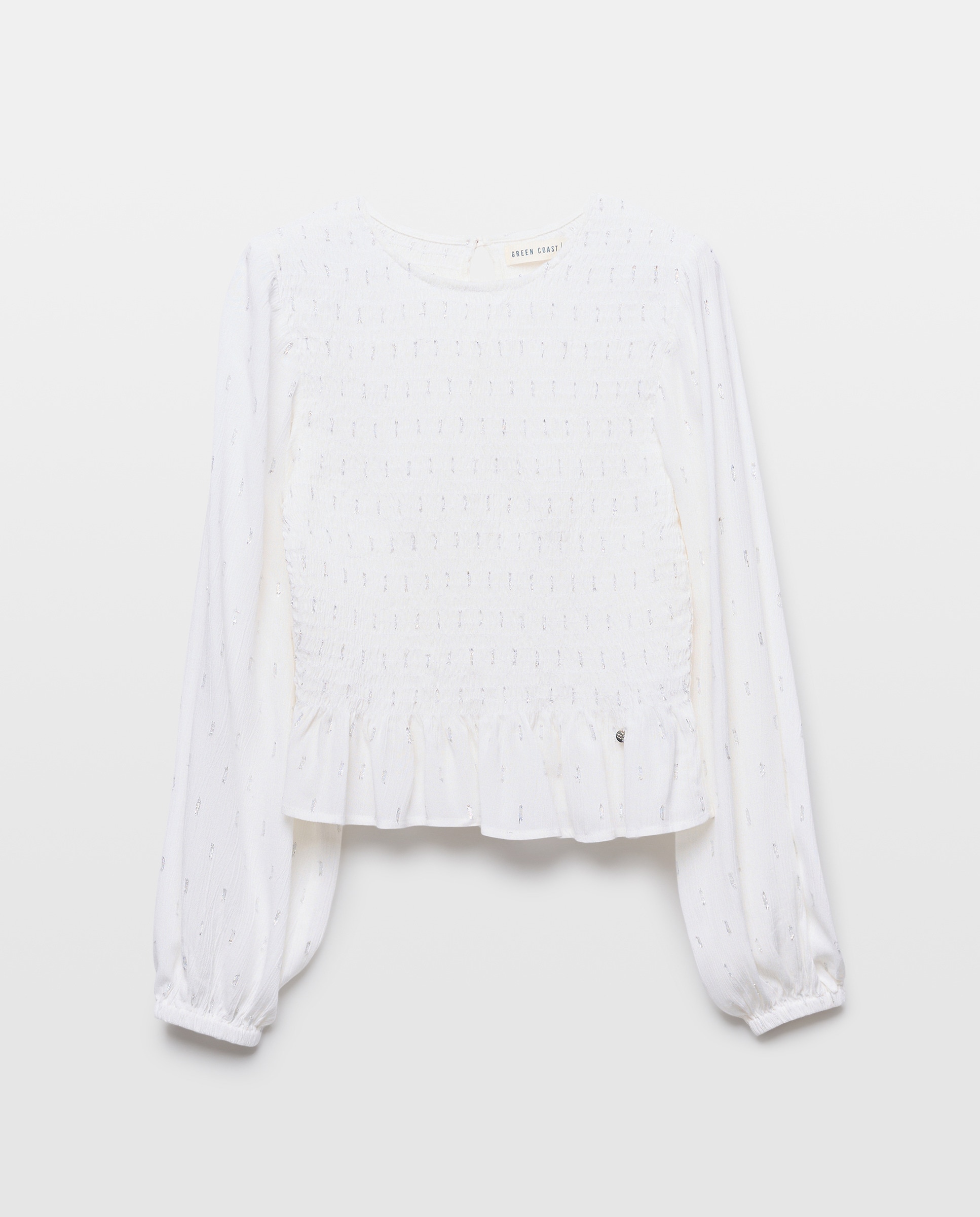 Blusa de Manga Comprida Smoked com Fio Metalizado e Decote Redondo Branco-5