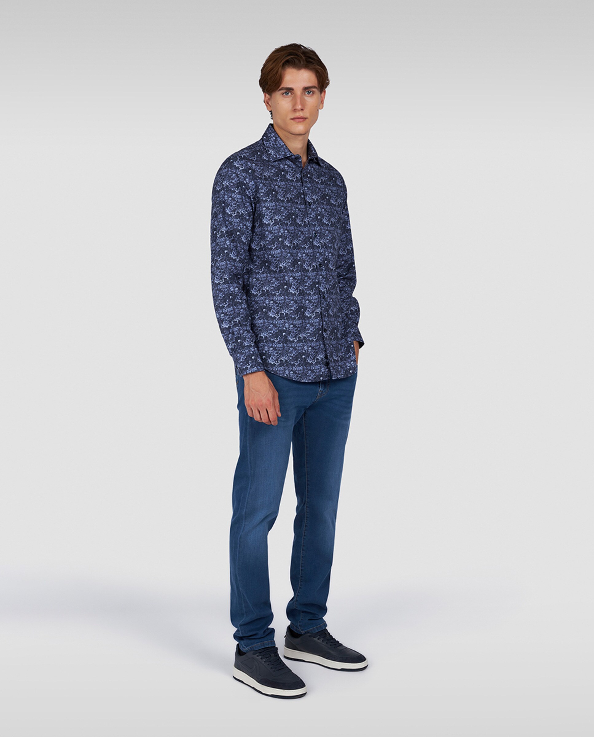 Camisa Casual de Manga Comprida com Estampado Floral sem Botão Tamanhos Grandes Azul-marinho-6