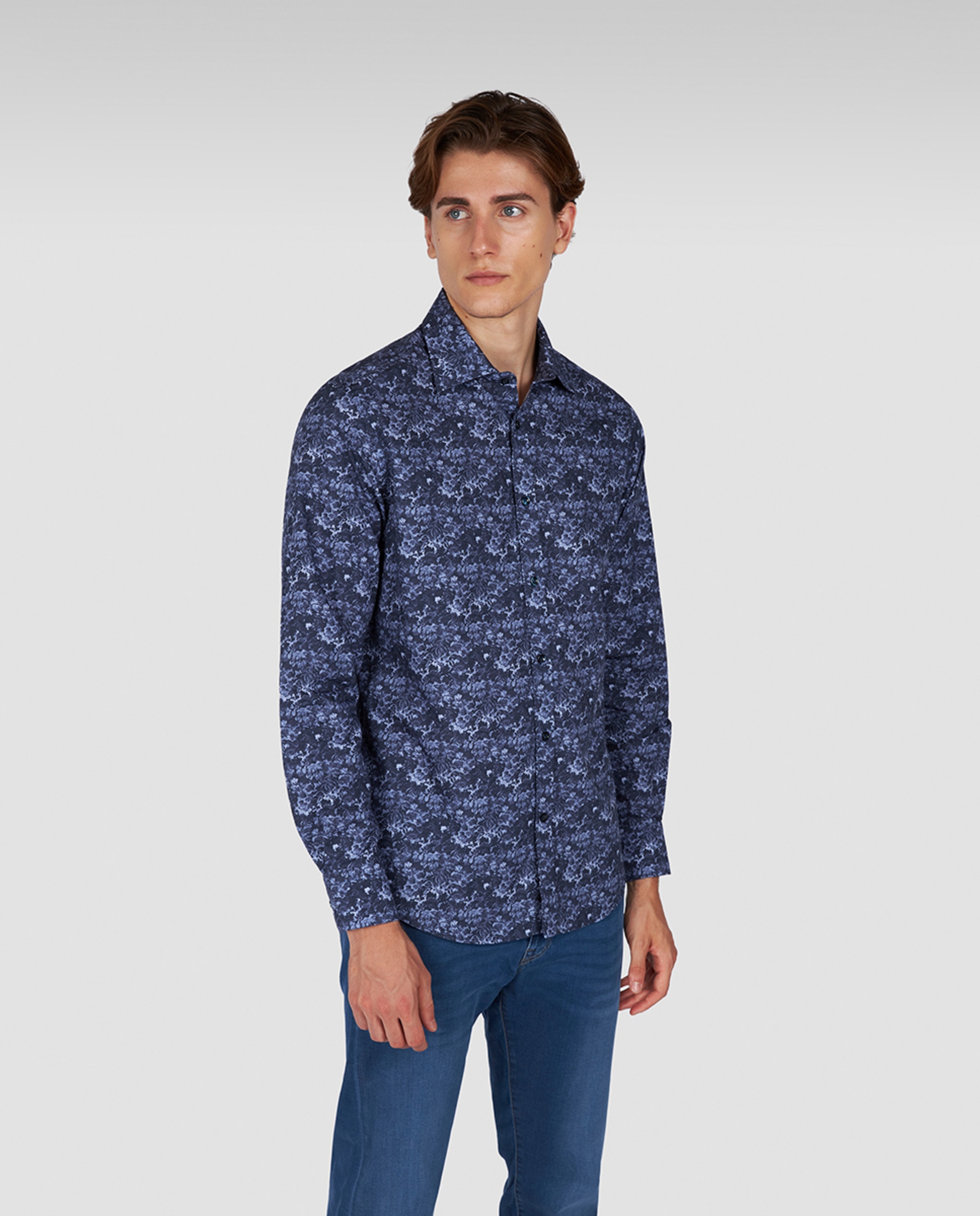 Camisa Casual de Manga Comprida com Estampado Floral sem Botão Tamanhos Grandes Azul-marinho-1