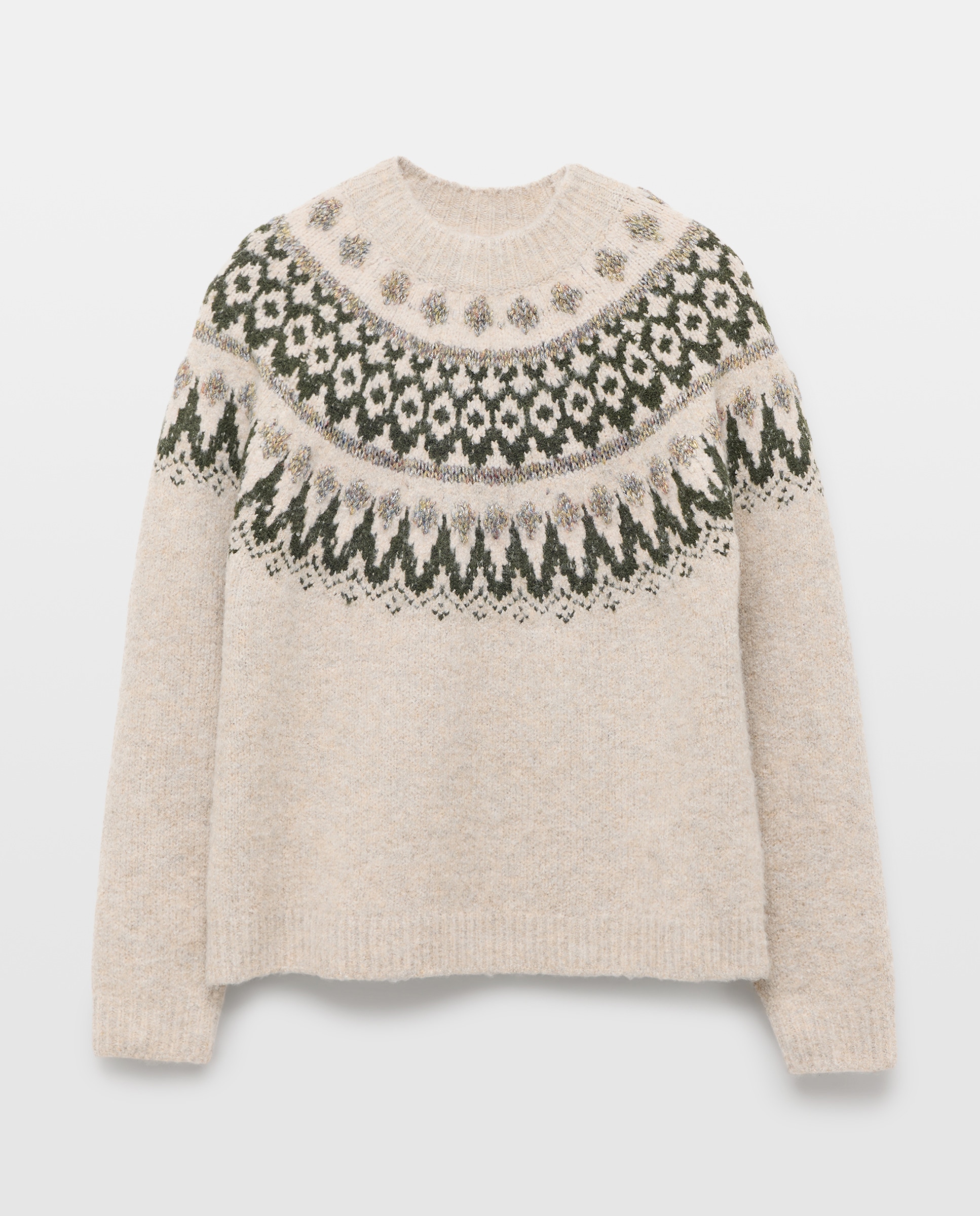 Jersey de mujer cuello perkins con greca hilo metálico Beige-4