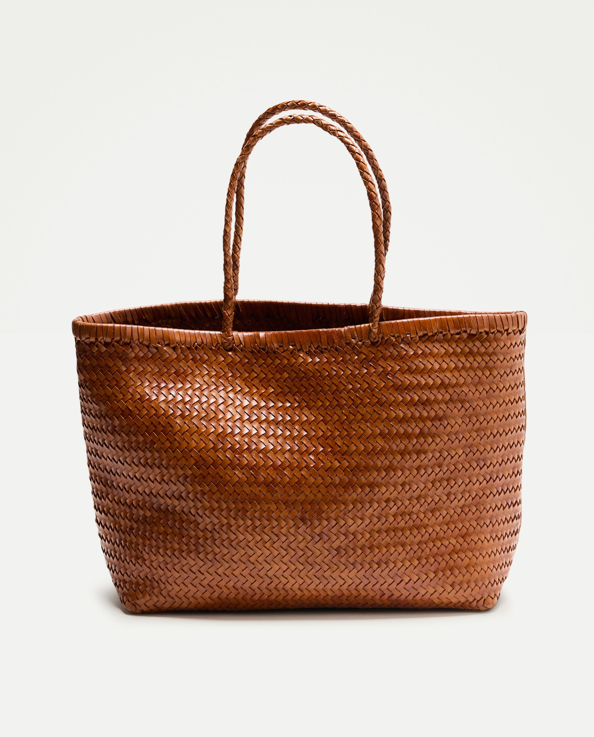 Mala Shopper em Pele com Entrançado Manual 730 Camel-1