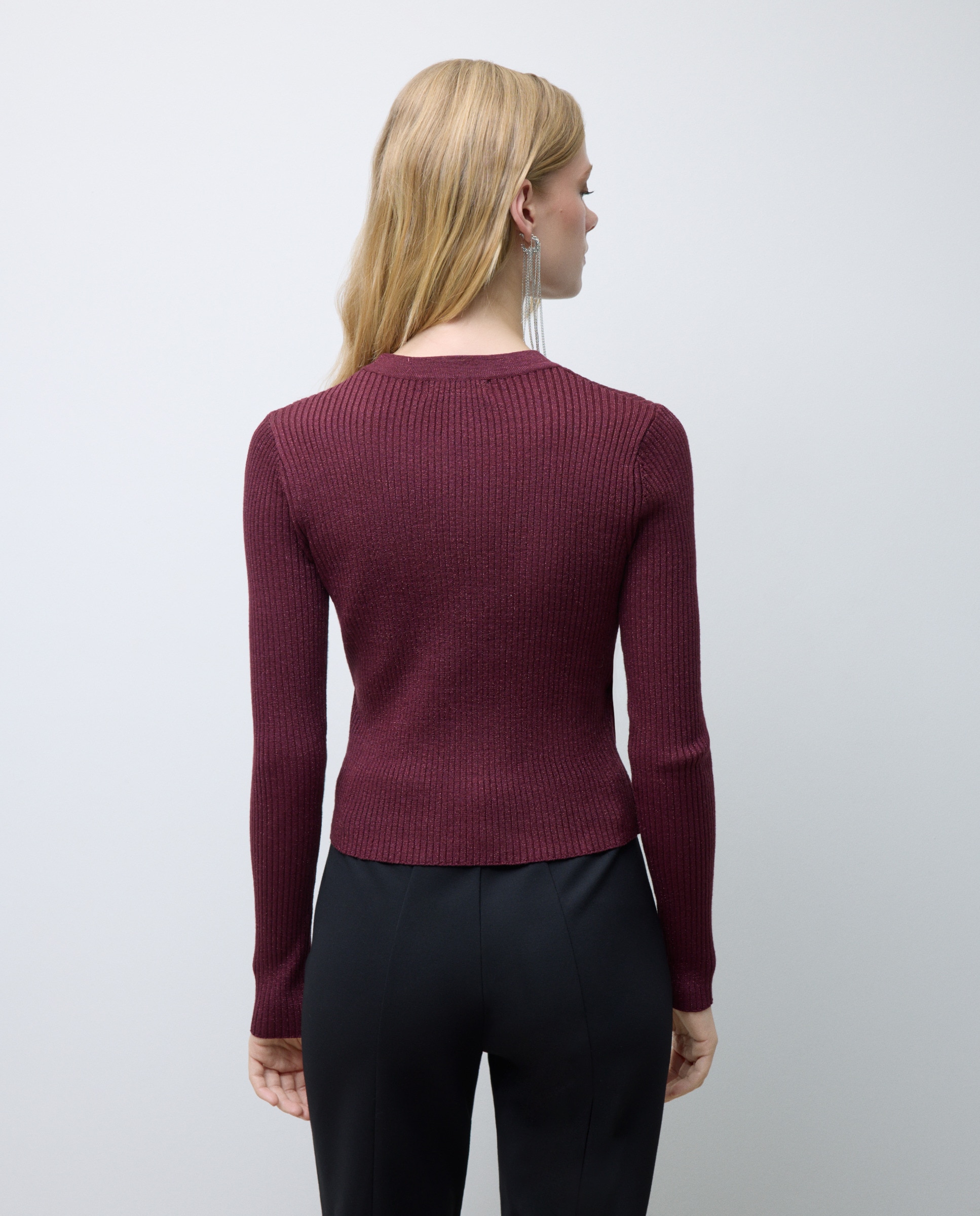 Camisola de Malha Cruzada Lisa Bordeaux-3