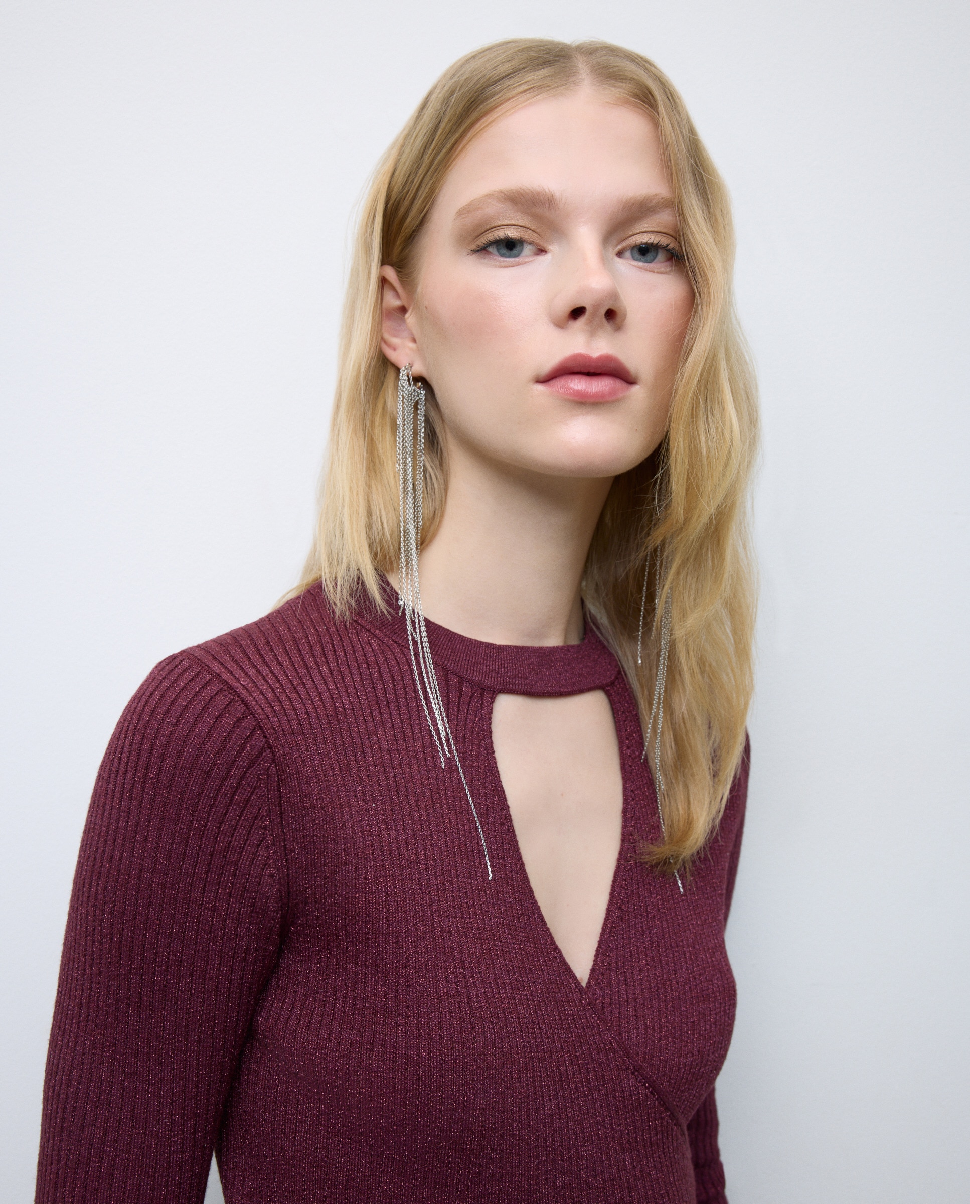 Camisola de Malha Cruzada Lisa Bordeaux-4