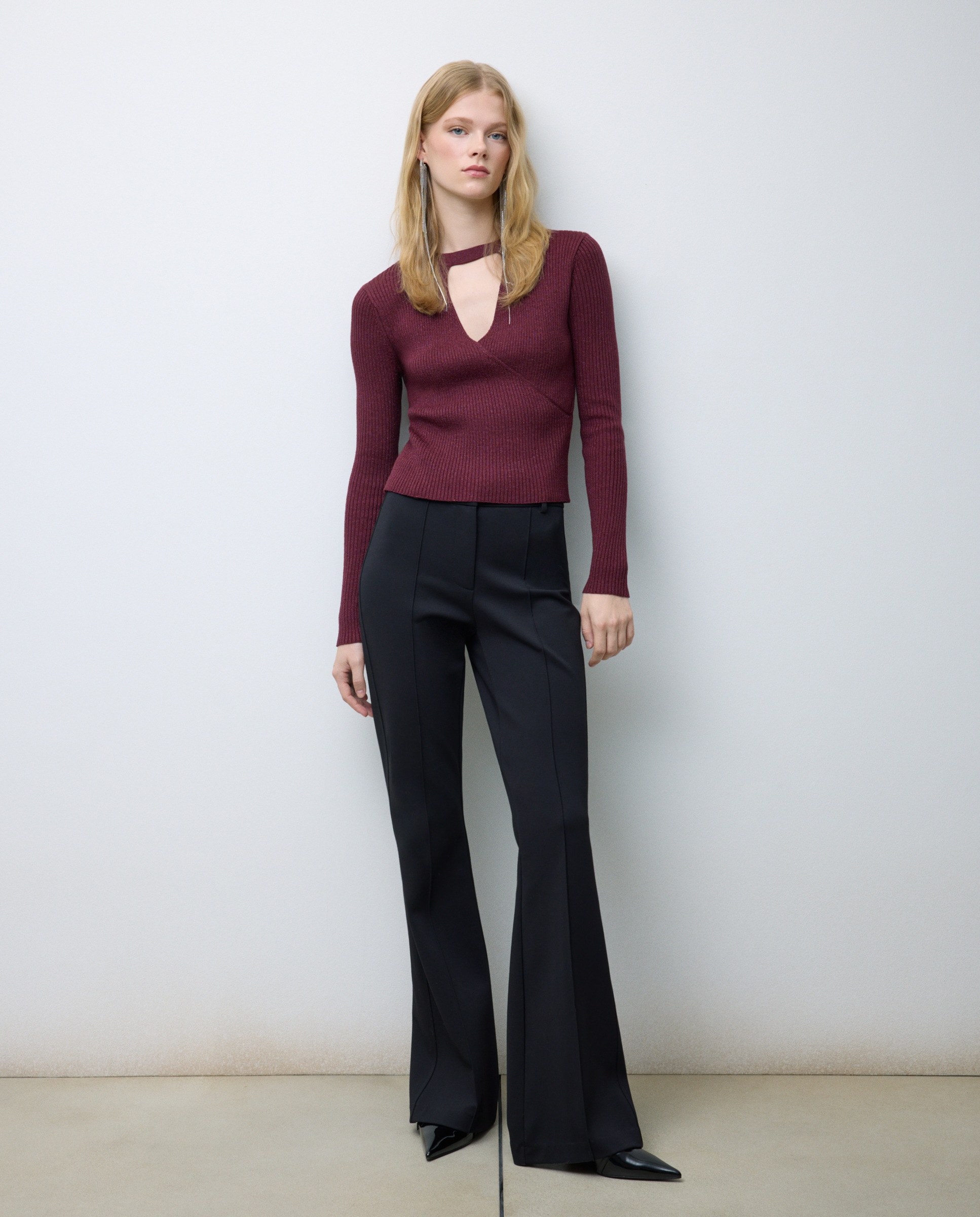 Camisola de Malha Cruzada Lisa Bordeaux-1