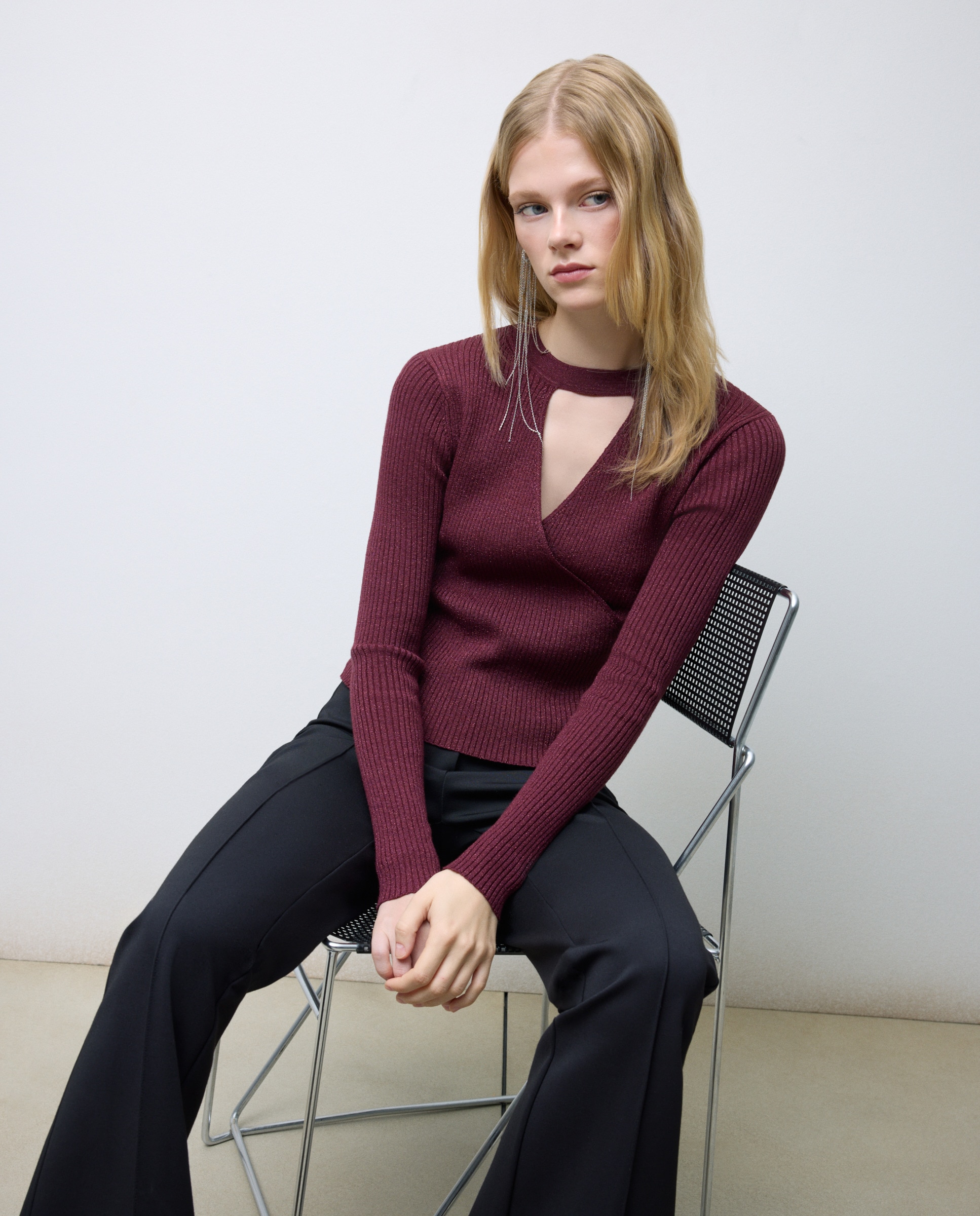 Camisola de Malha Cruzada Lisa Bordeaux-2