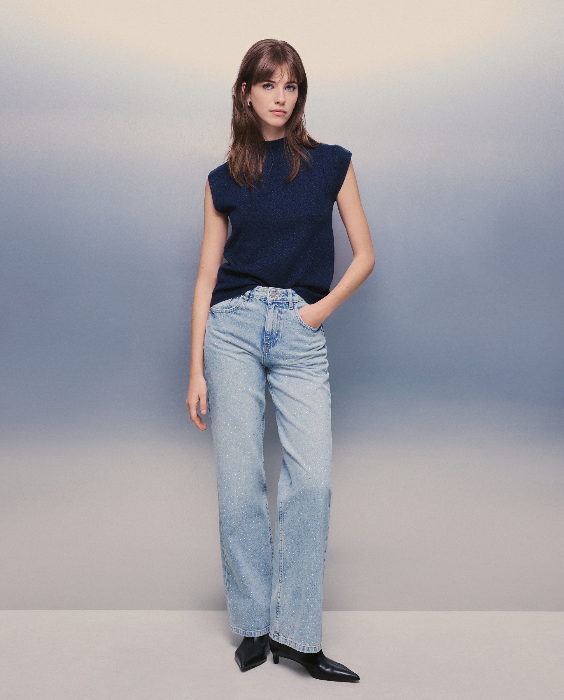 Camisola de Malha Lisa com Pregas no Ombro Azul-marinho-2