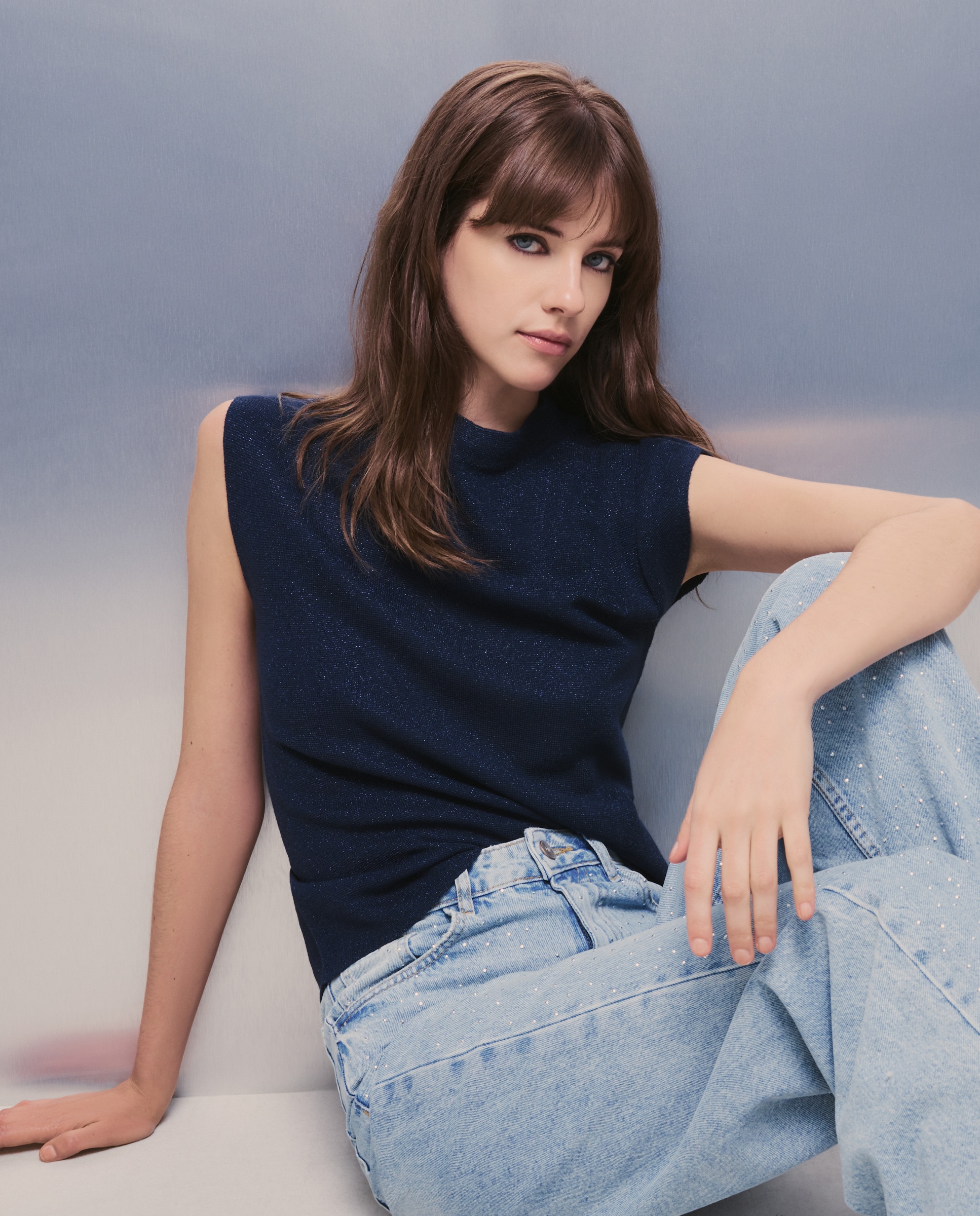 Camisola de Malha Lisa com Pregas no Ombro Azul-marinho-3