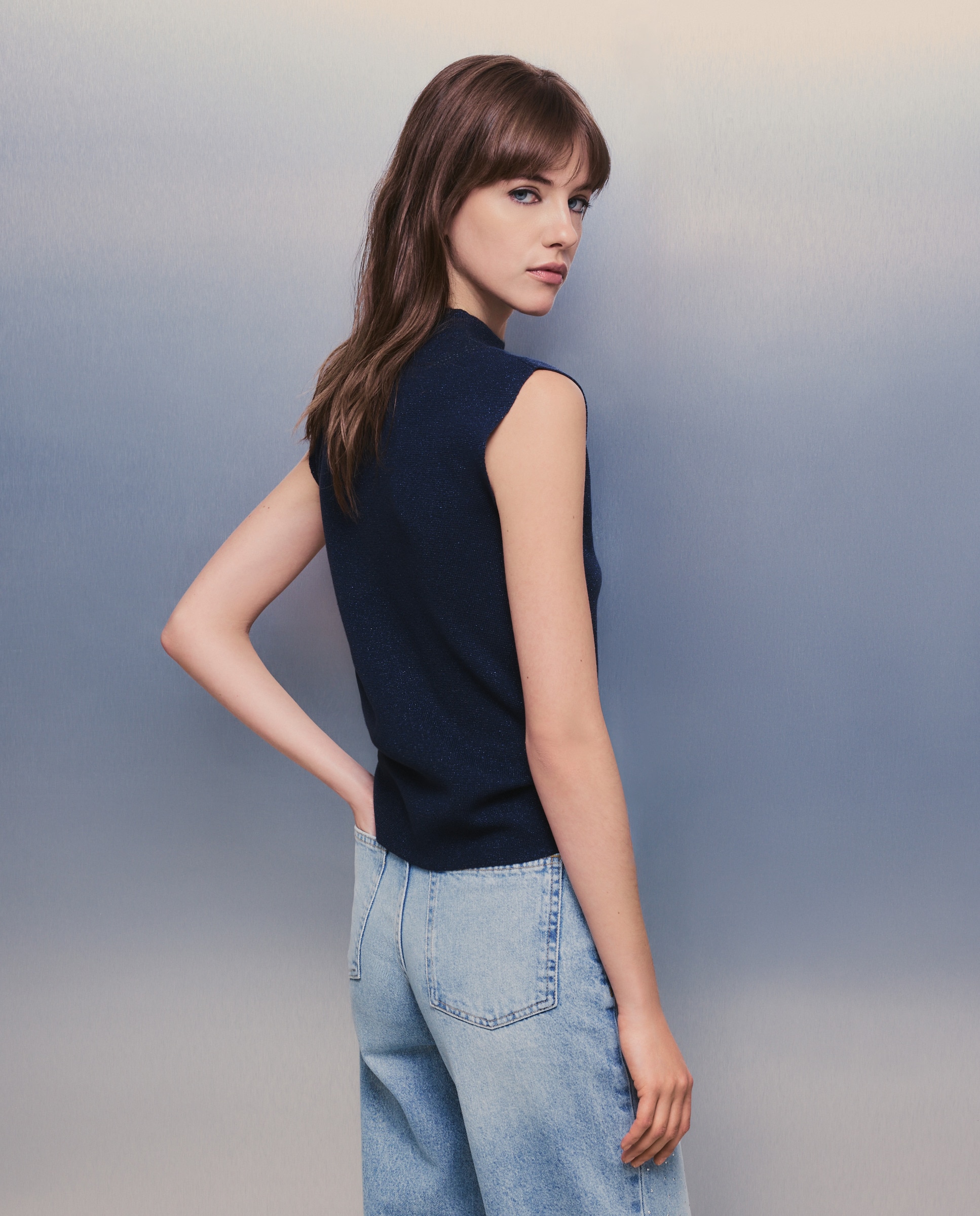 Camisola de Malha Lisa com Pregas no Ombro Azul-marinho-4