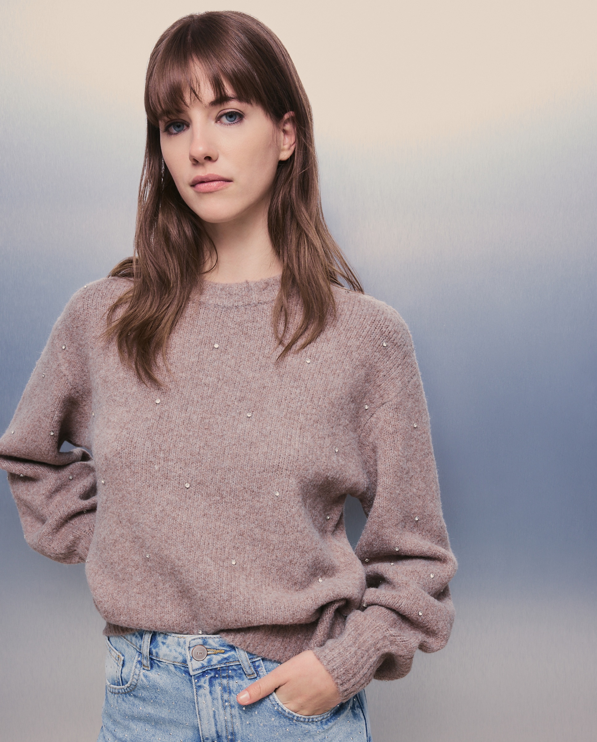 Camisola de Malha com Pedras Castanho-1