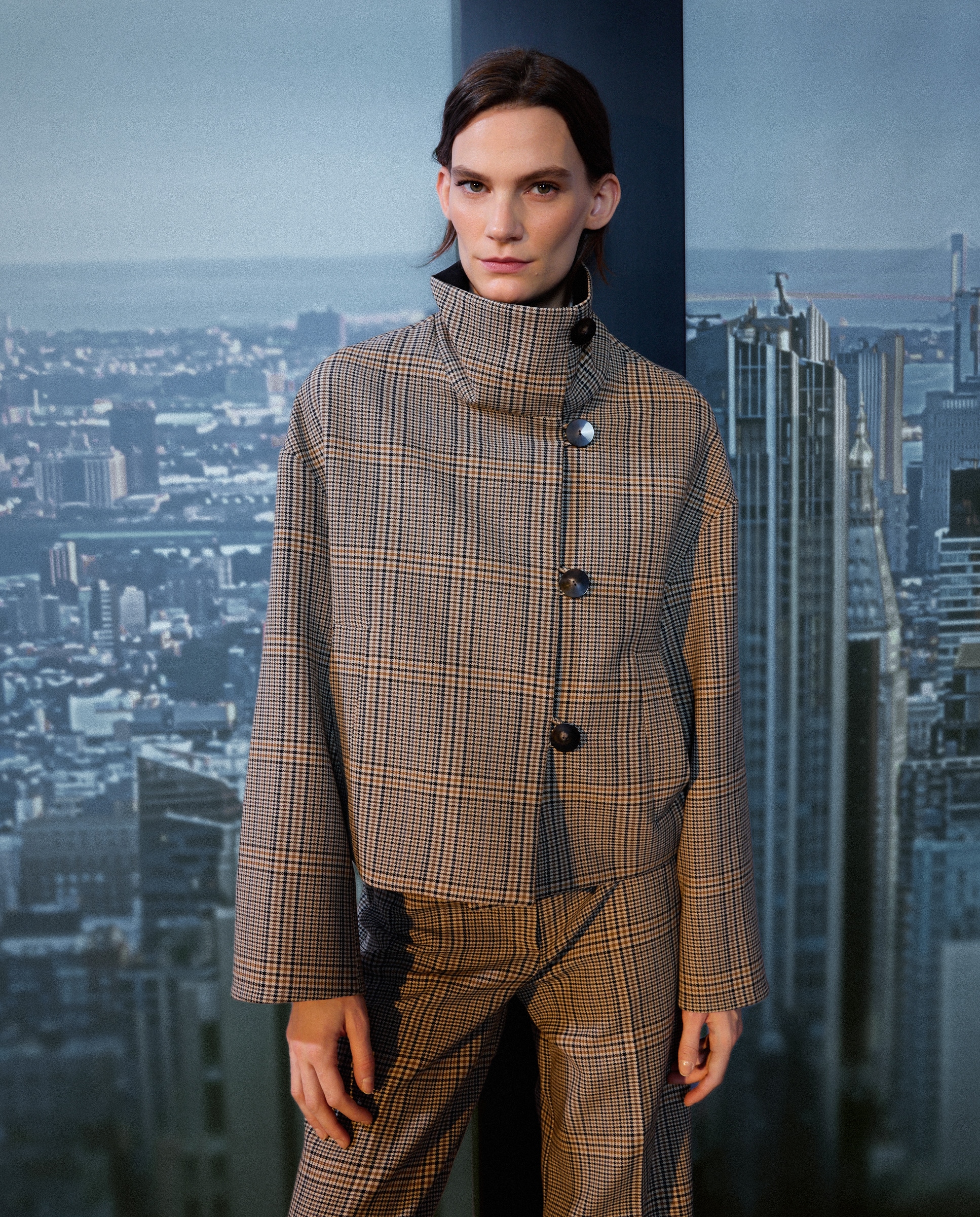 Casaco aos quadrados de mulher Castanho-1