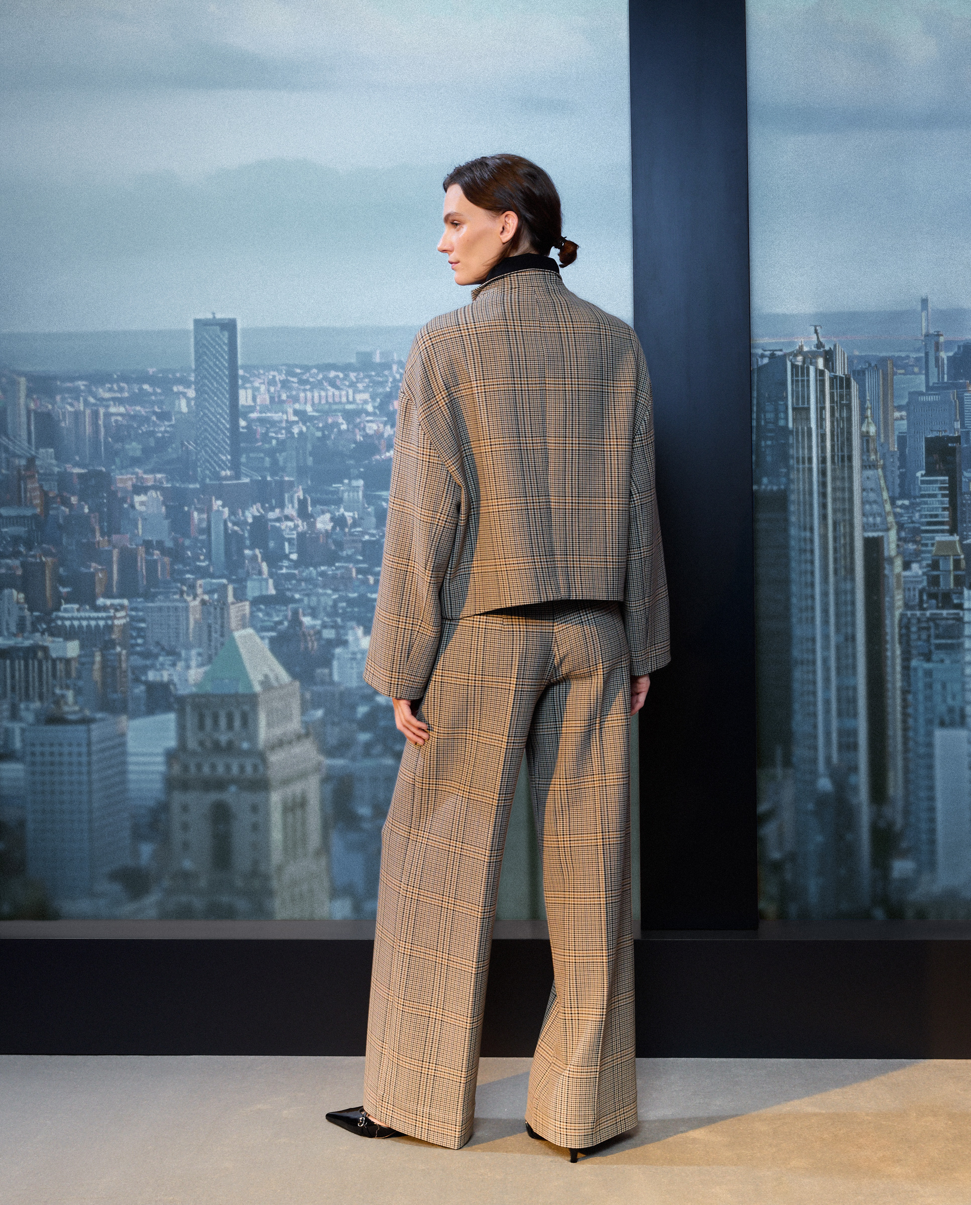 Casaco aos quadrados de mulher Castanho-3