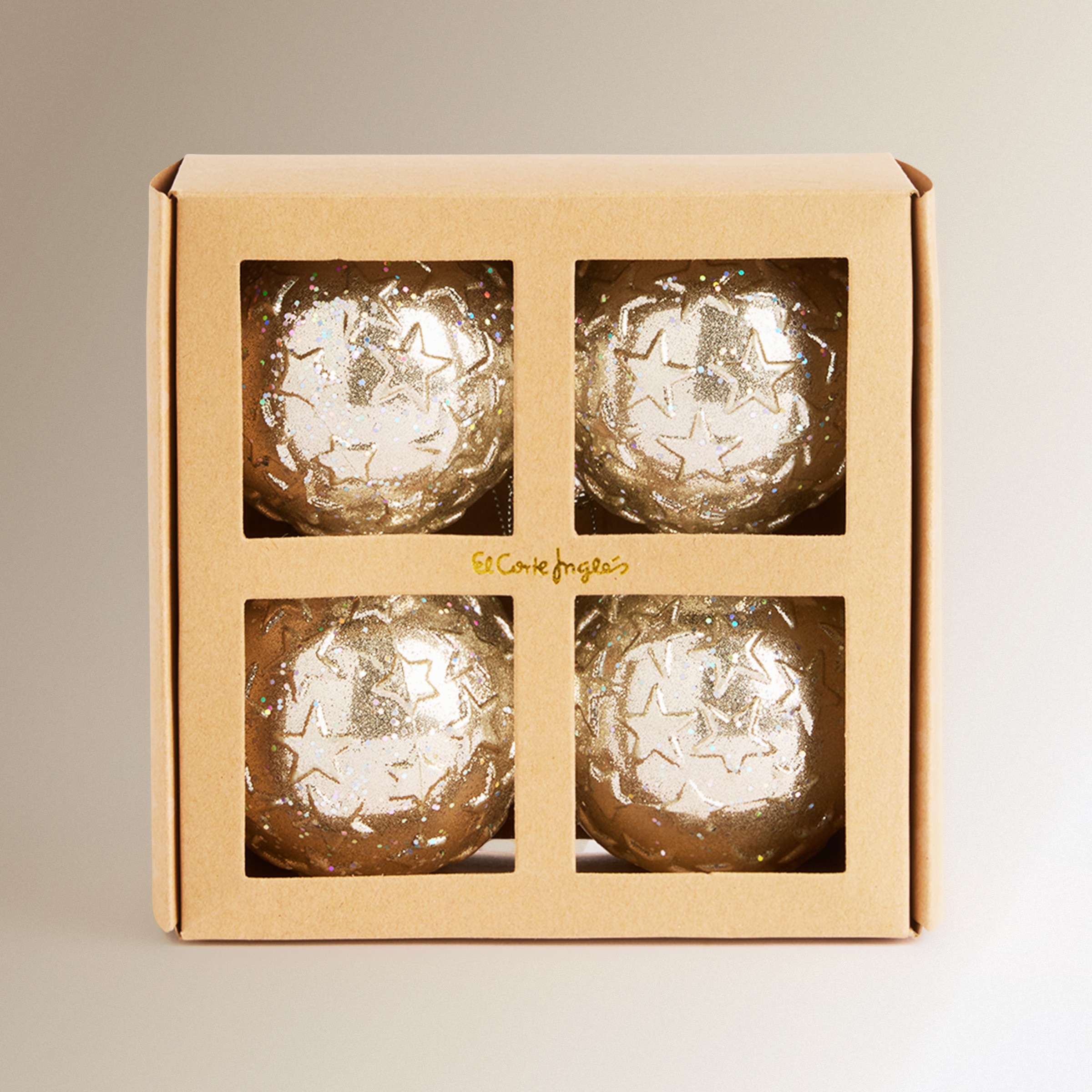 Conjunto de 4 Bolas Estrelas com Relevo Natal Champanhe-3