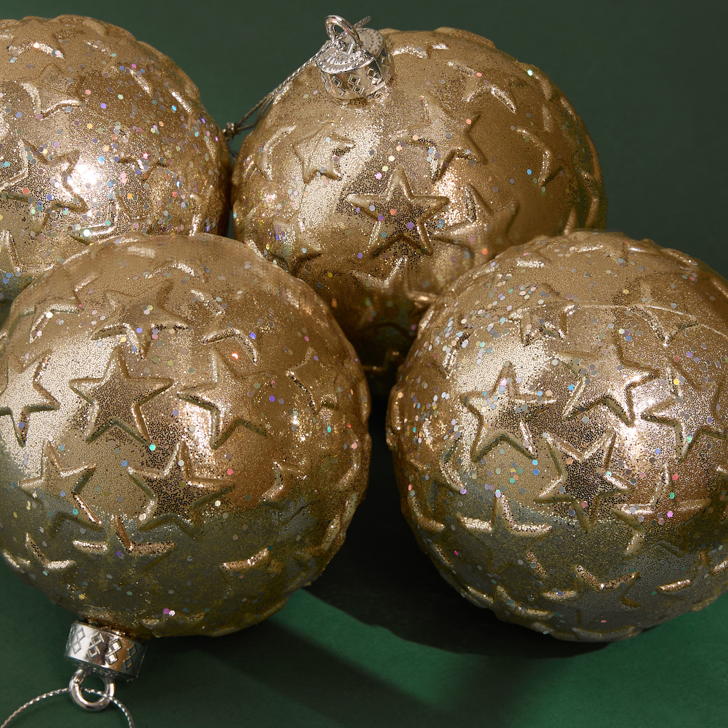 Conjunto de 4 Bolas Estrelas com Relevo Natal Champanhe-1